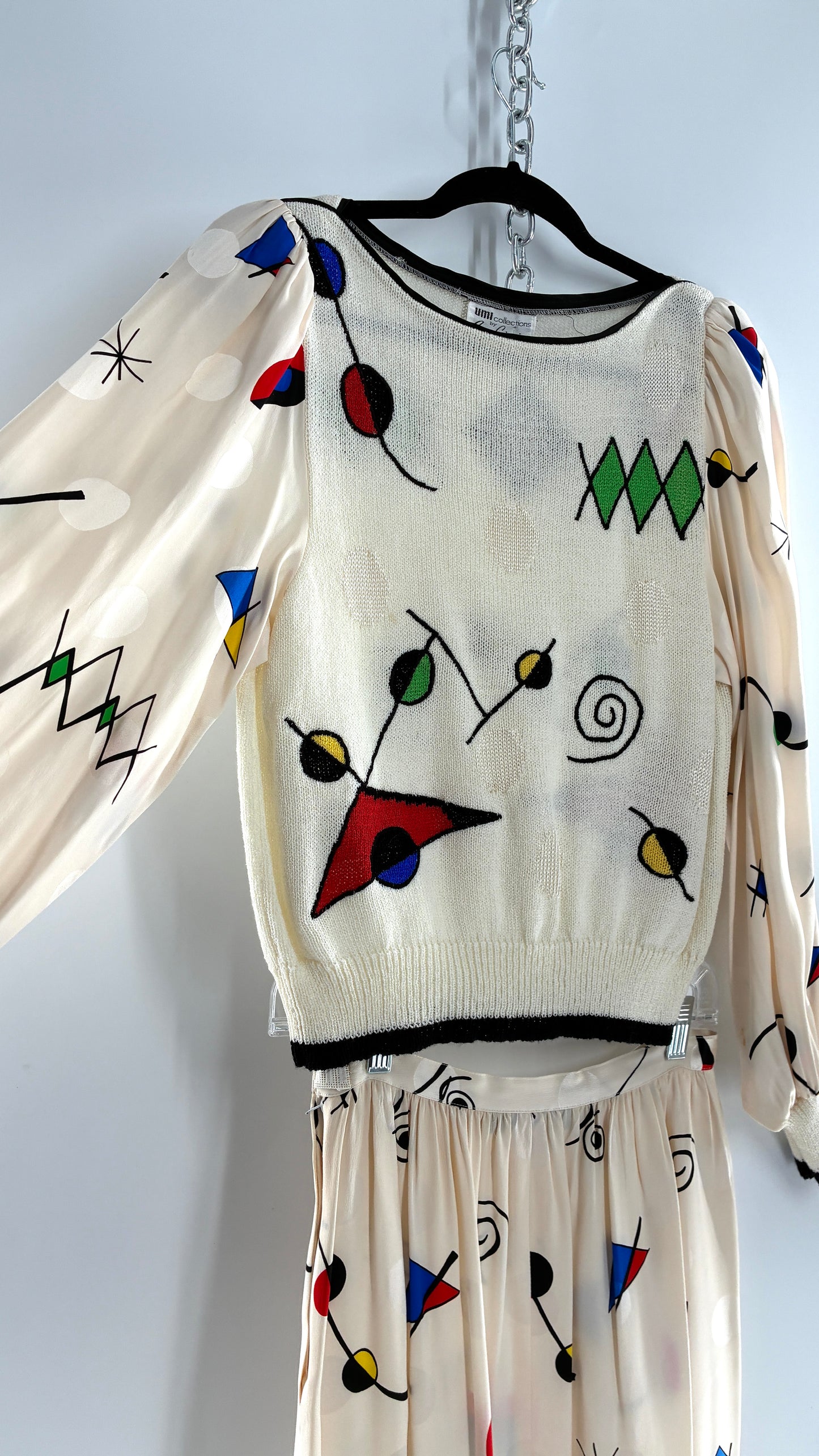 Vintage 1980s UMI collections by Anne Crimmins Off White 2 Piece Set with Abstract Embroidered Designs and 100% Silk Polka Dot Print Skirt (Medium Sweater, 8 Skirt)