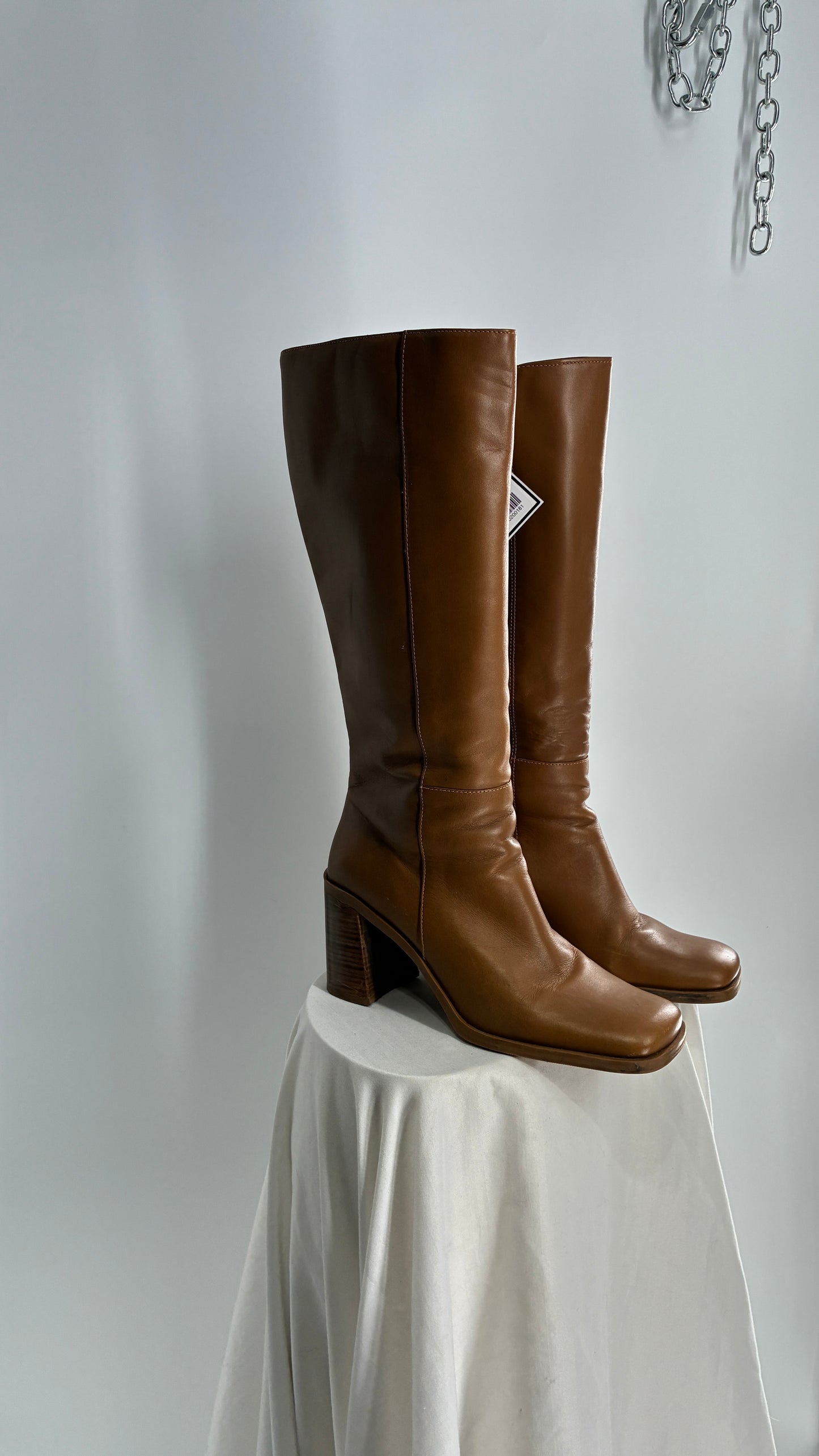 Vintage Strive Genuine Leather Square Toe Knee High Boots with Chunky Block Heel Made in Uruguay (9.5)
