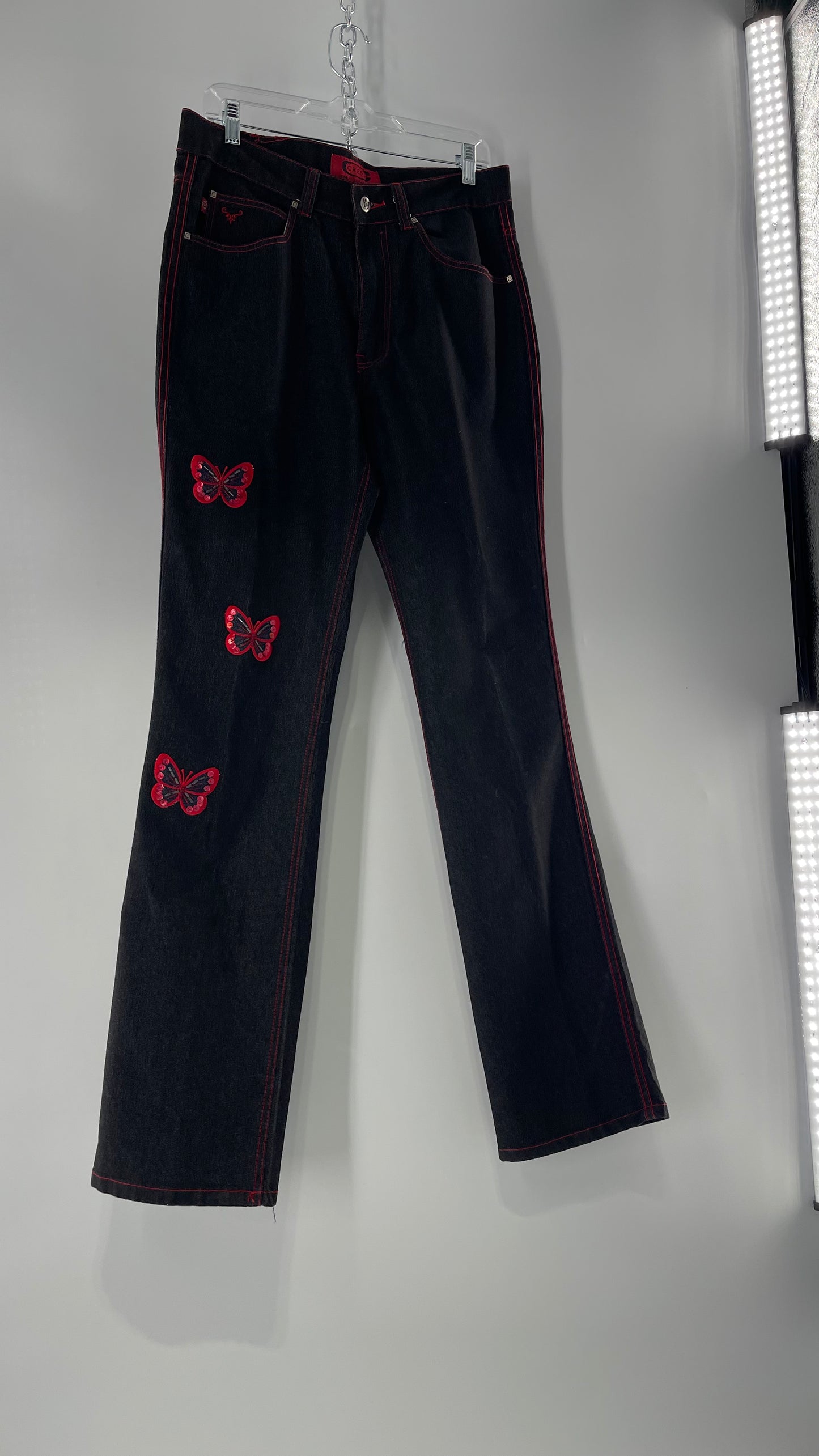 Rare Vintage Black Crest Jeans with Red Contrast Stitching and Butterfly Embroidery on Thigh and Back Pockets (14)