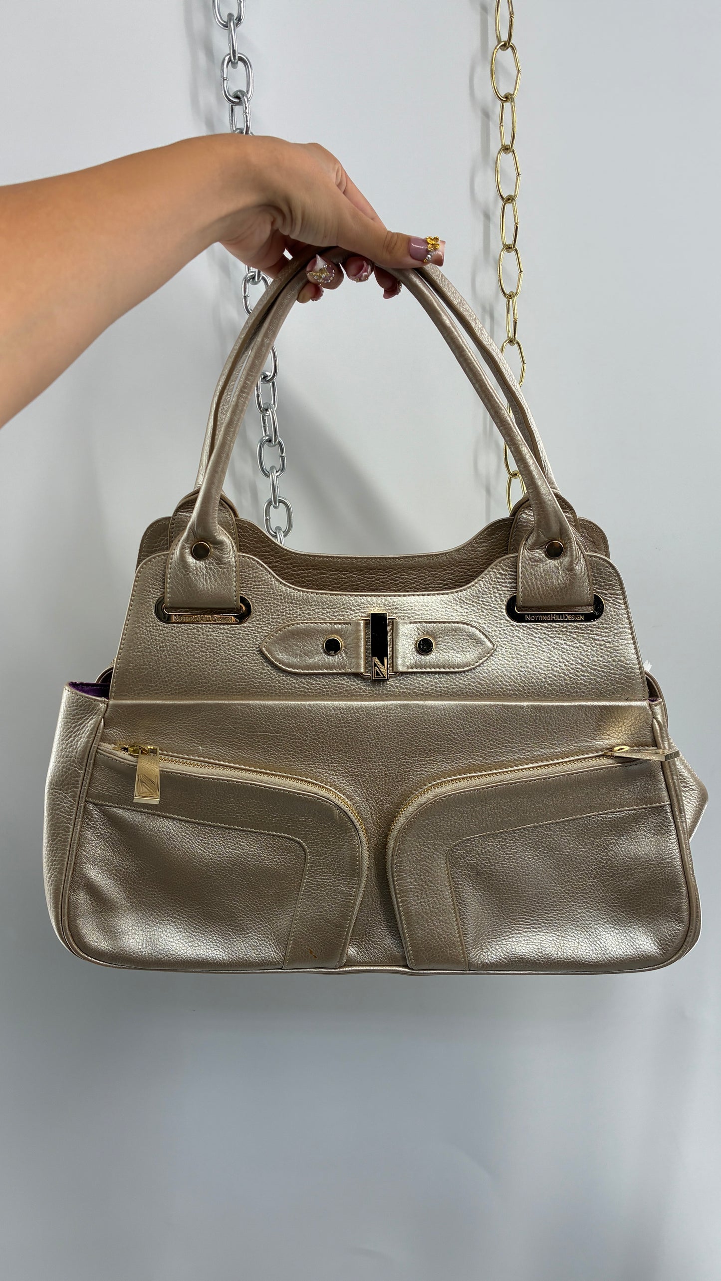 Vintage NOTTINGHILL DESIGNS Westbourne Metallic Champagne Genuine Leather Pocketed Bag with Exaggerated Hardware As Seen on Gossip Girl