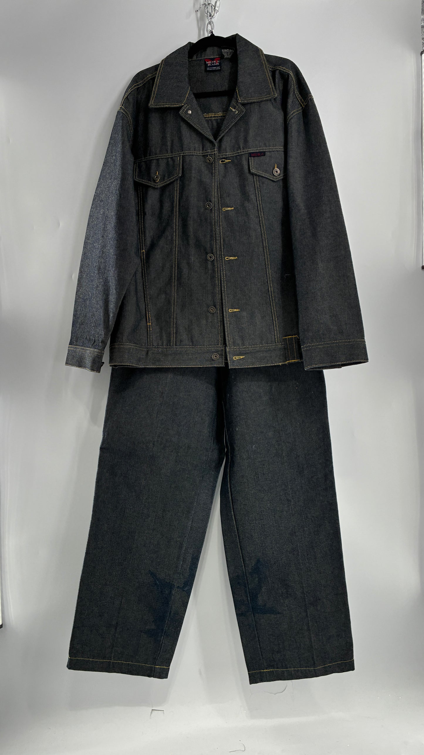 Vintage 1990s MU:KA: JEANS Men’s Dark Wash Japanese Style Denim Baggy Straight Legs and Oversized Jacket Set (L, 32x32)