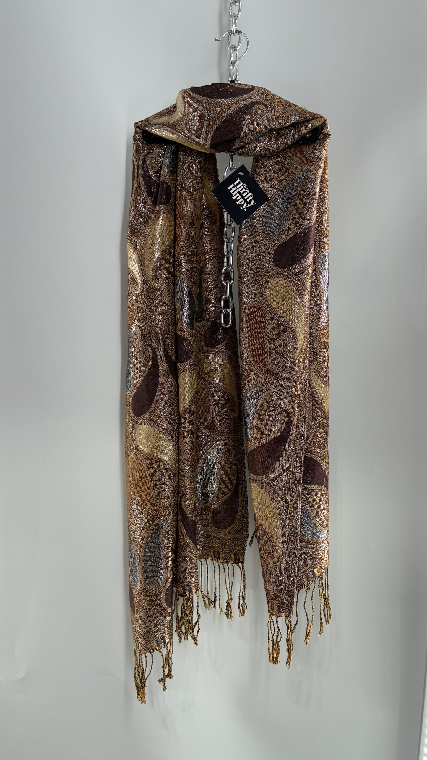 Vintage Paisley Metallic Knit Bronze and Silver Scarf