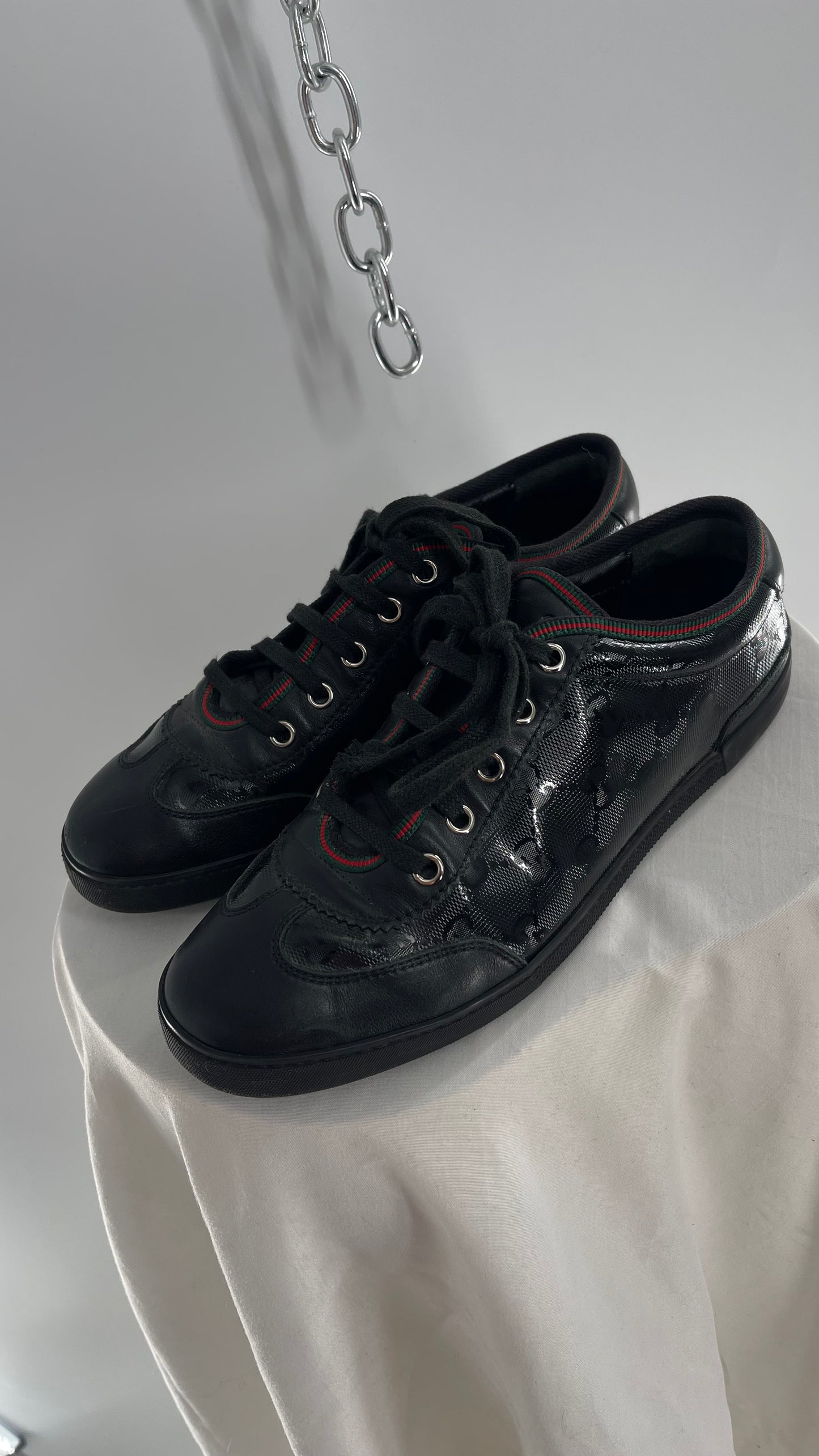 Vintage GUCCI Worn Black Leather Monogram Low Top Sneakers with Red/Green Iconic Trim (37)