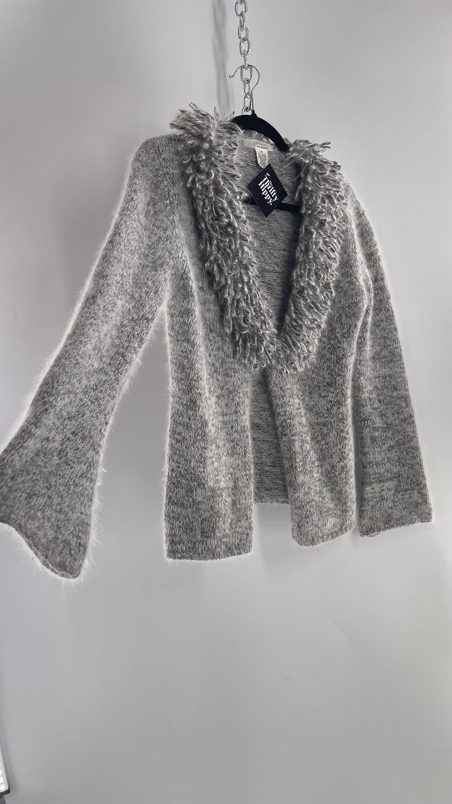 IJJCID Vintage Grey Soft Cardigan with Shaggy Collar 38% Rabbit Angora 5% Lamb Wool (Medium)