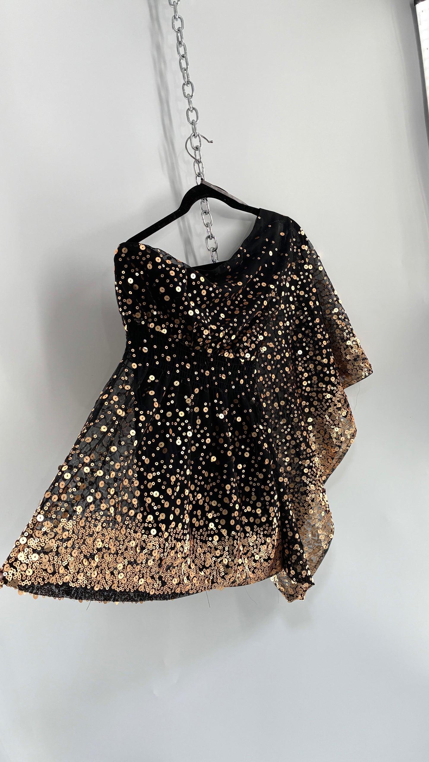 Vintage MUSE BOSTON PROPER Black One Shoulder Tube Dress with Ombre Gold Sequins (Medium)