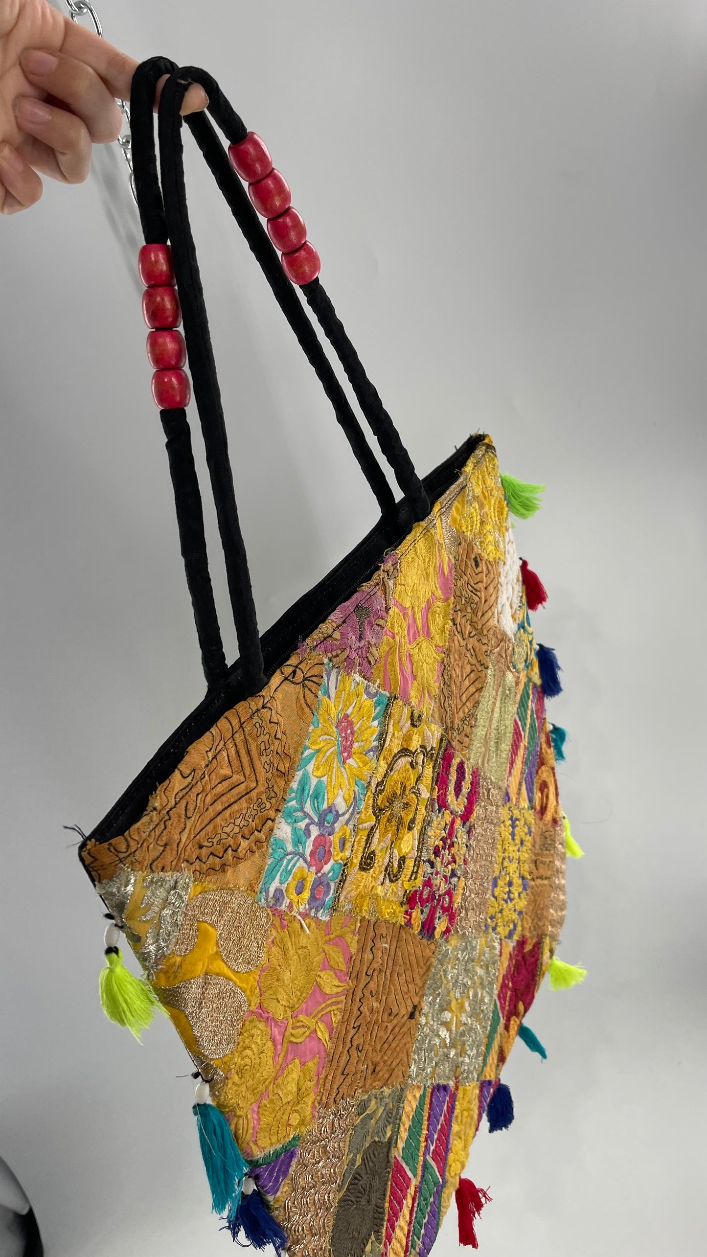 Imported Golden Yellow Patchwork Tote from Brazil with Tassel Detailing