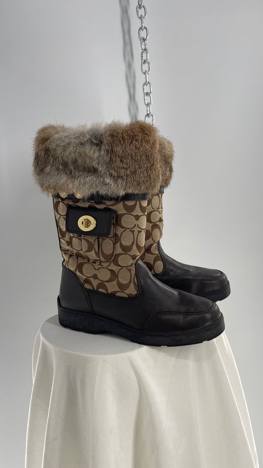 Coach Vintage Kimberly Brown Leather Quilted Monogram Rabbit Fur Trim Boot with Ankle Pouches  (8.5)