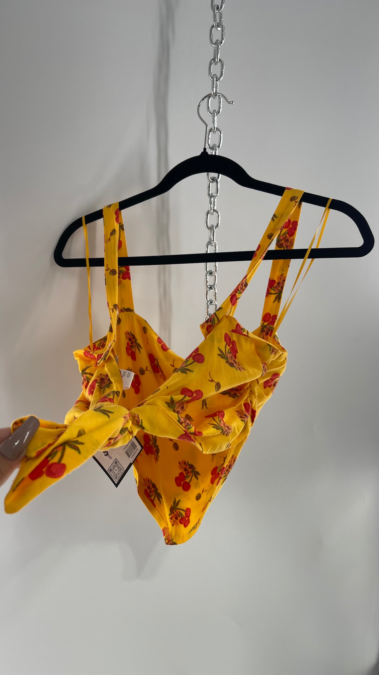 Urban Outfitters Yellow Cherry Printed Crop with Tie Back (Large)