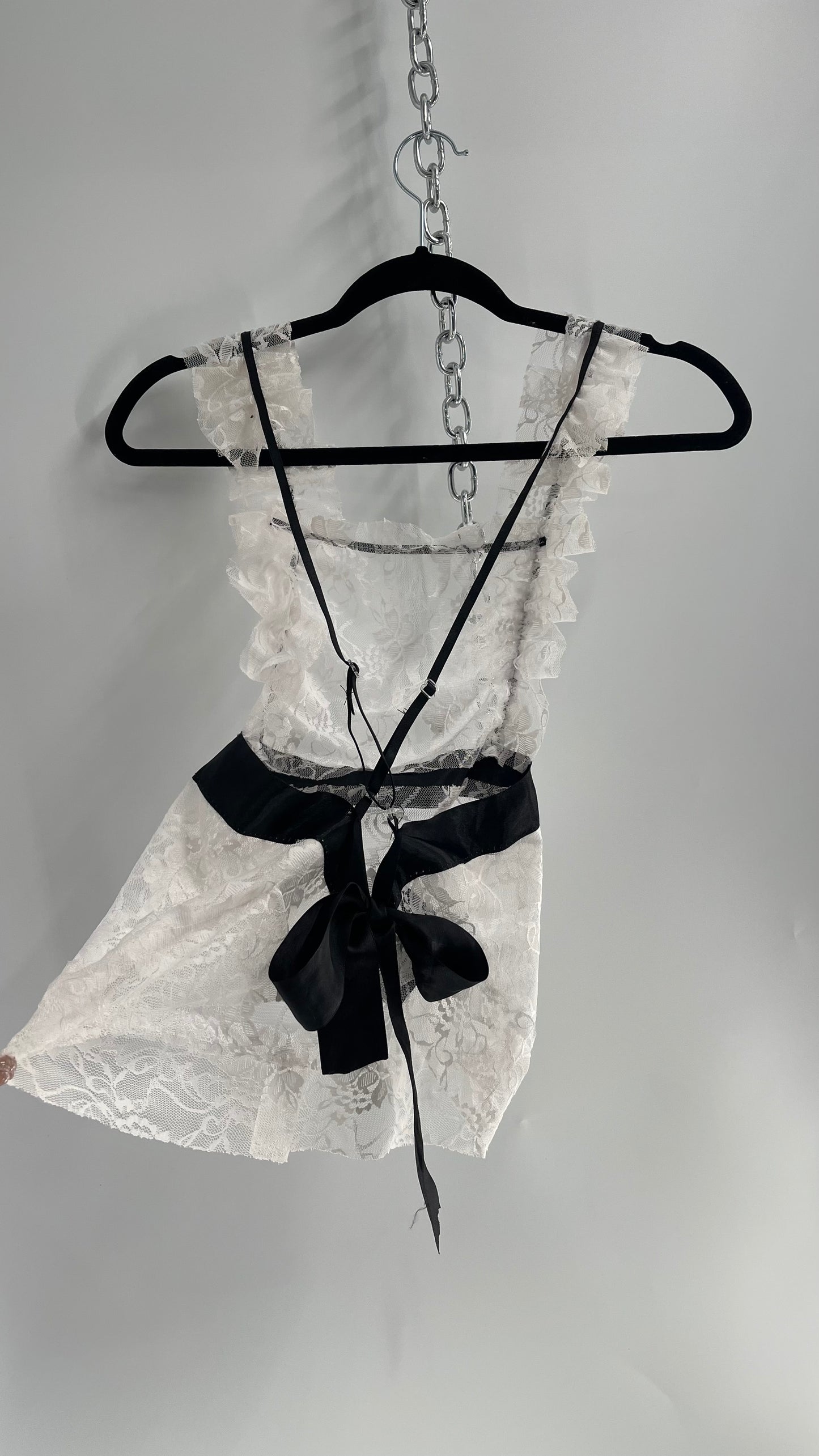 Vintage White Lace Apron Blouse with Black Ribbon (Small)