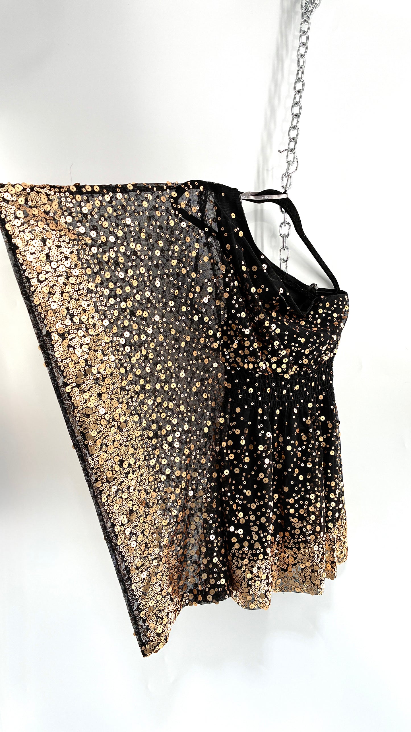 Vintage MUSE BOSTON PROPER Black One Shoulder Tube Dress with Ombre Gold Sequins (Medium)