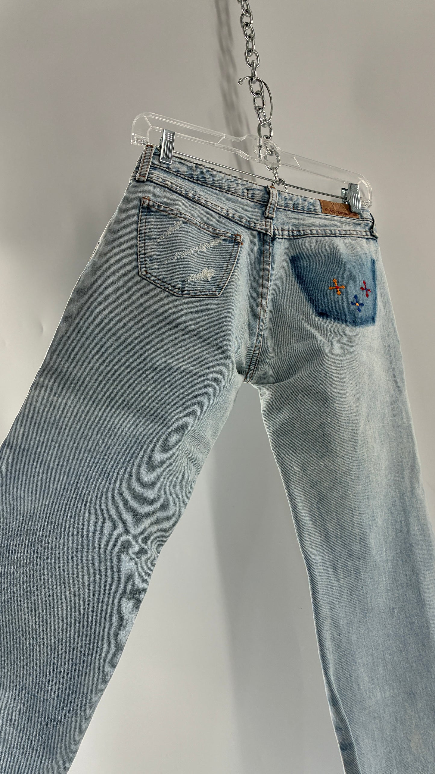 Vintage SAWARY Light Wash Brazilian Jeans with Fade and Embroidered Details (38)