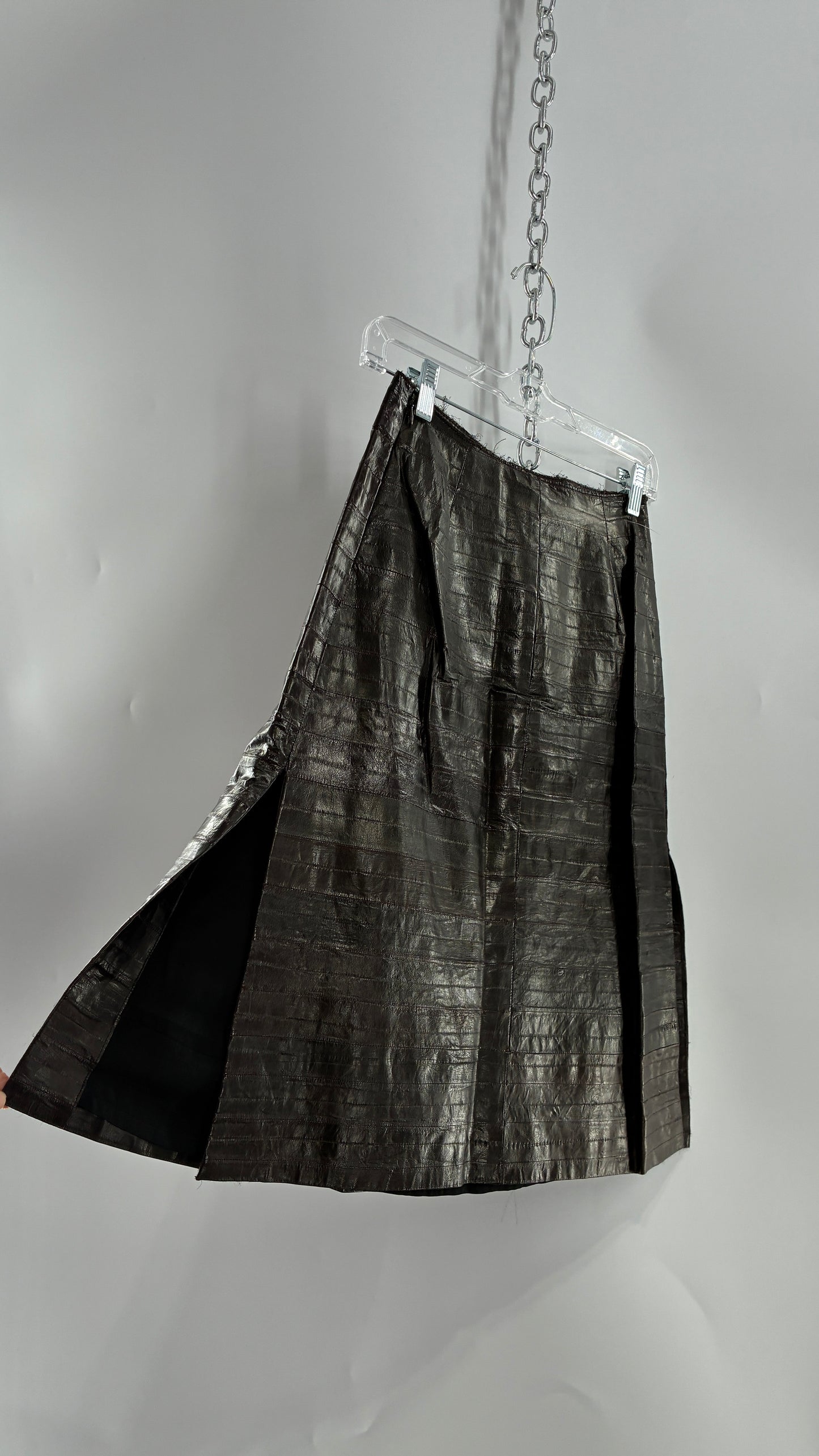 Vintage Handmade Pleated Dark Brown Genuine Leather Patchwork Skirt (XS)