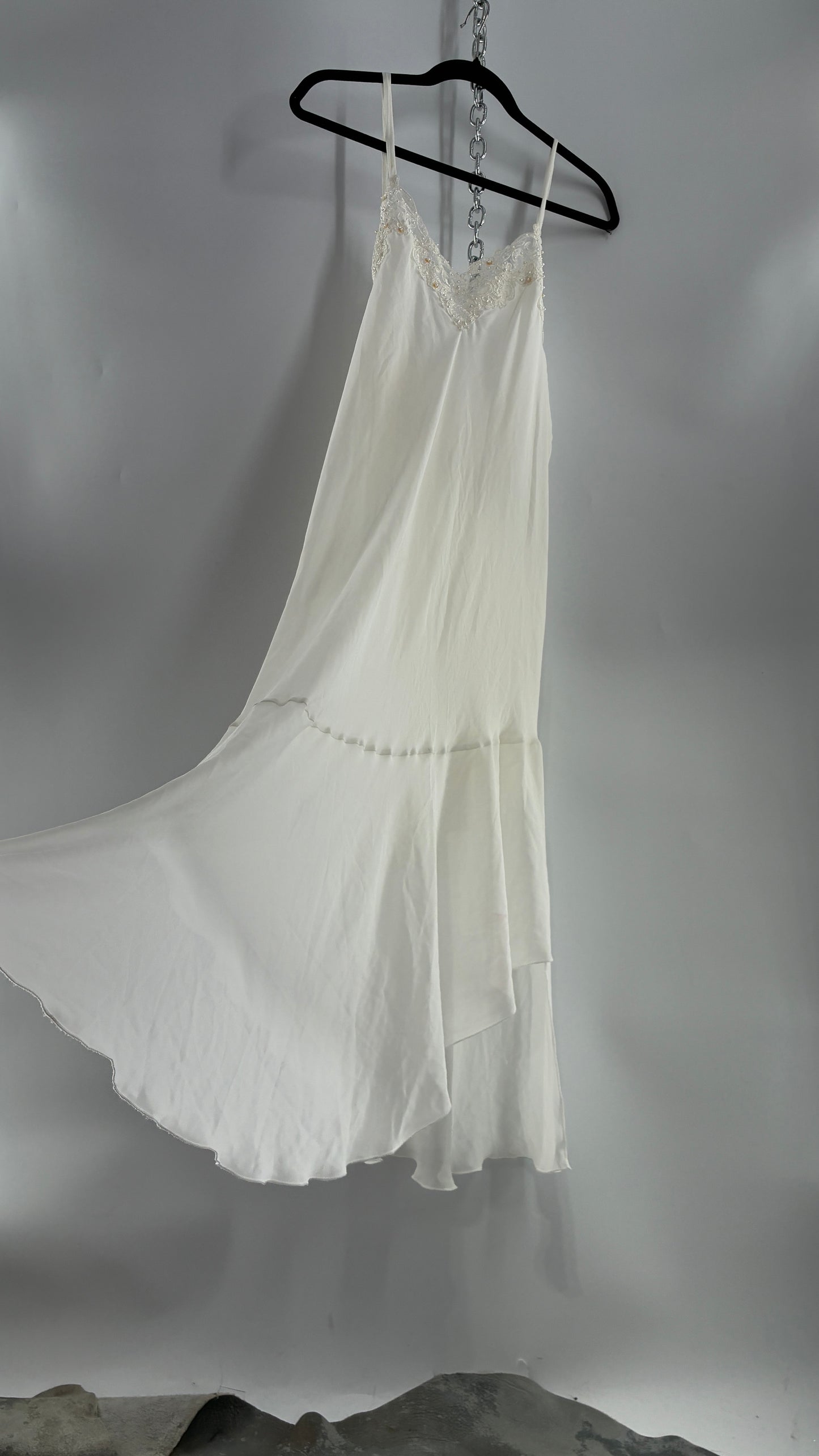 Vintage CALIFORNIA DYNASTY Ivory Maxi Slip Nightgown Dress with Sequin Neckline and Handkerchief Hem (Large)