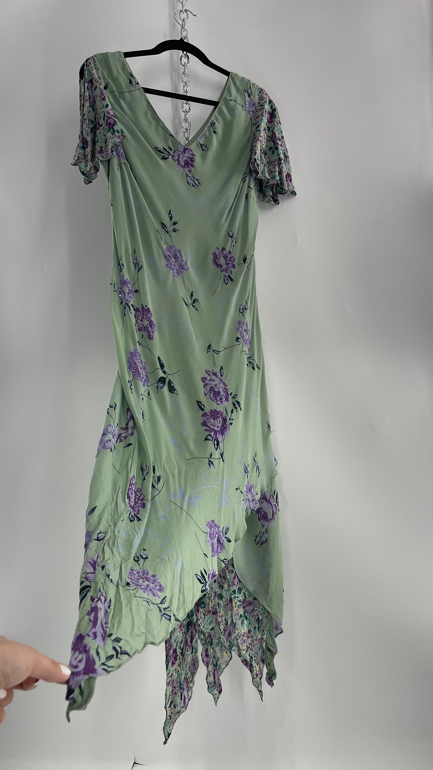 Vintage 1990s EVA BLUE Sage Green  Dress with Purple Beaded Florals and Handkerchief Hem(16)