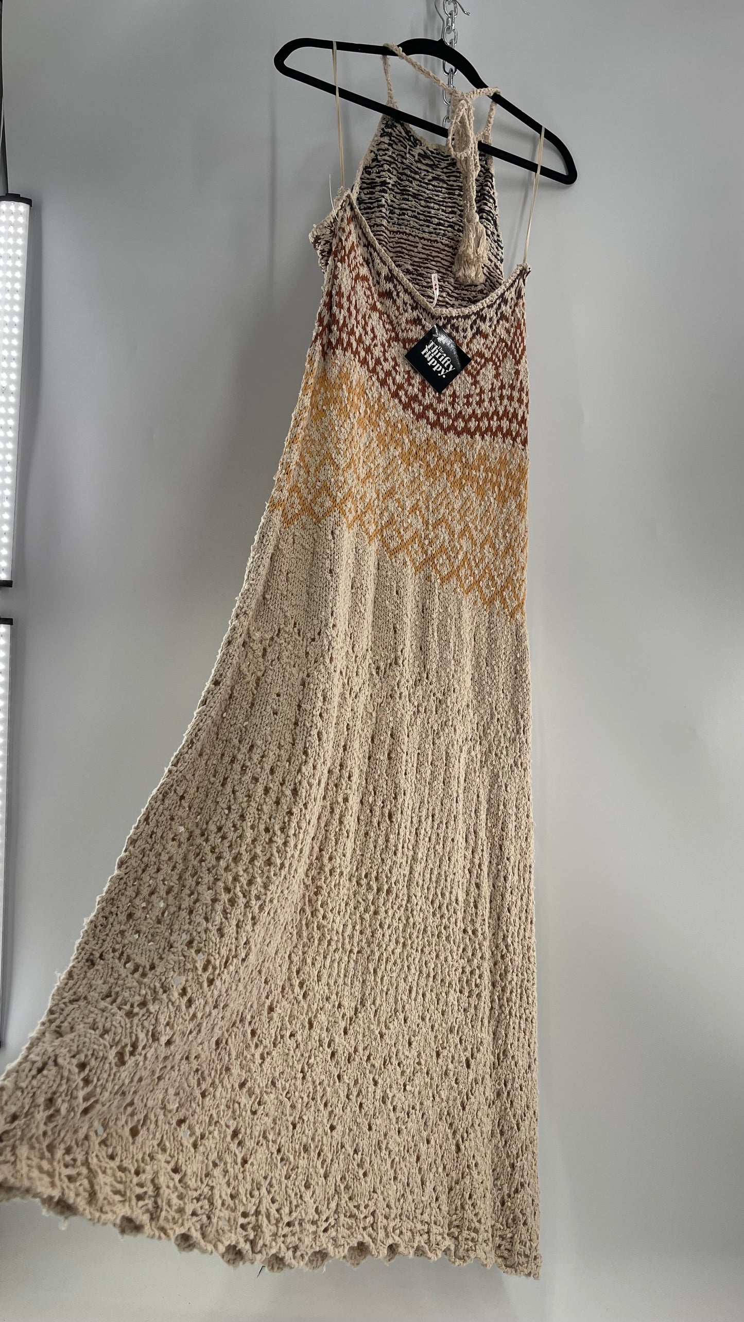 Free People Beige Ikat Oasis Knit Halter Maxi Dress (Small)