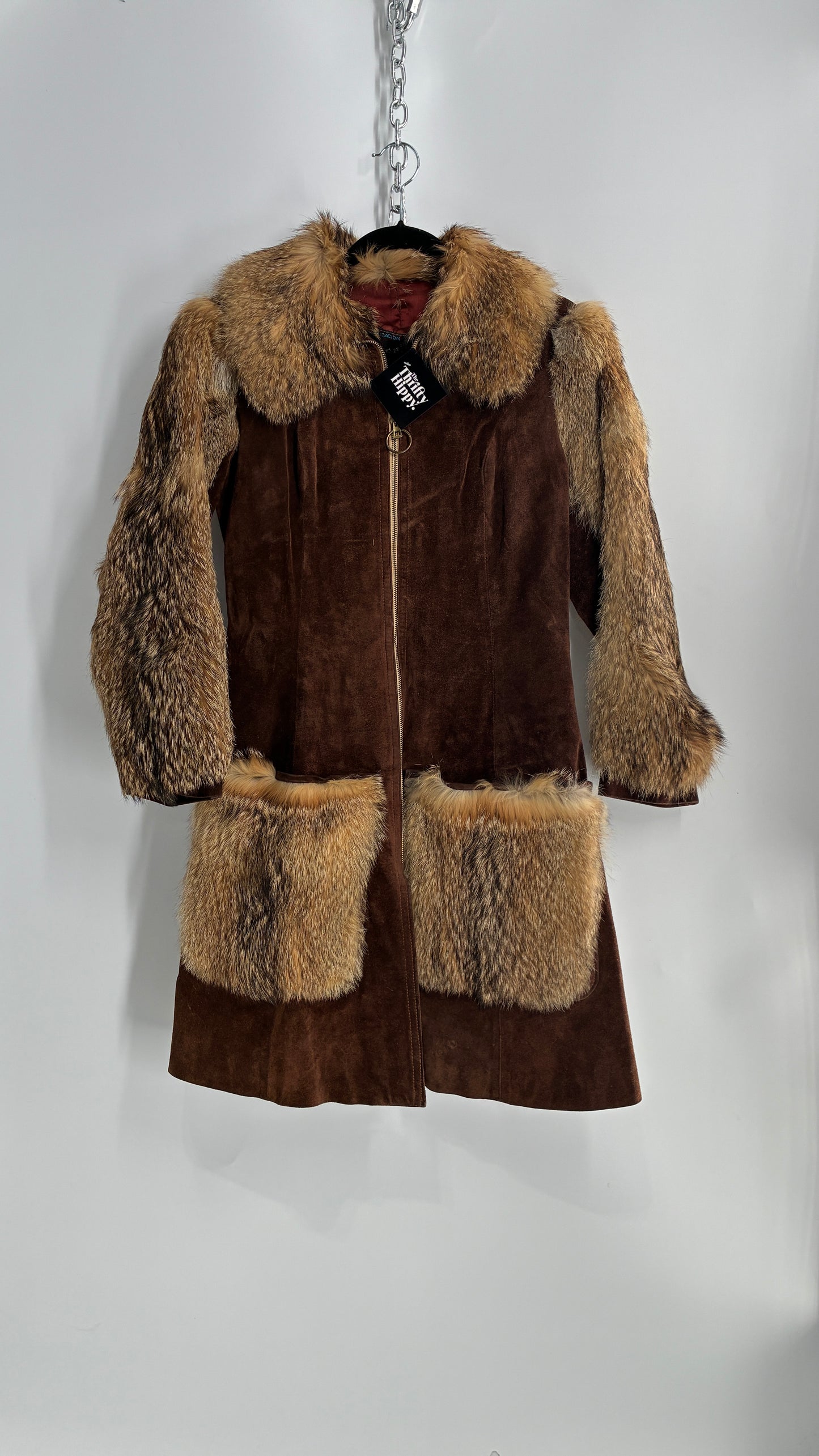 Vintage Cederland 1970s Genuine Suede Leather Coat with Fur Pockets, Sleeves, and Collar (44)