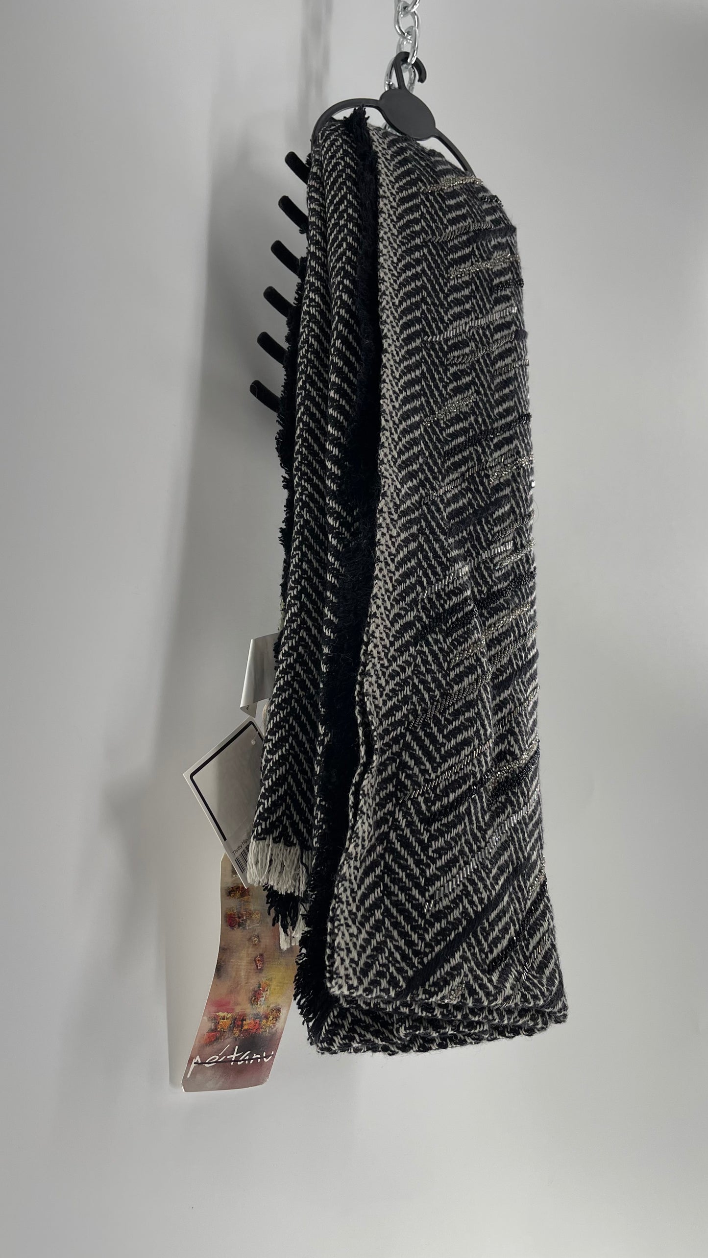 Anthropologie Pétanu Black and White 50% Cashmere 50% Silk Beaded Embellished Scarf with Tags Attached