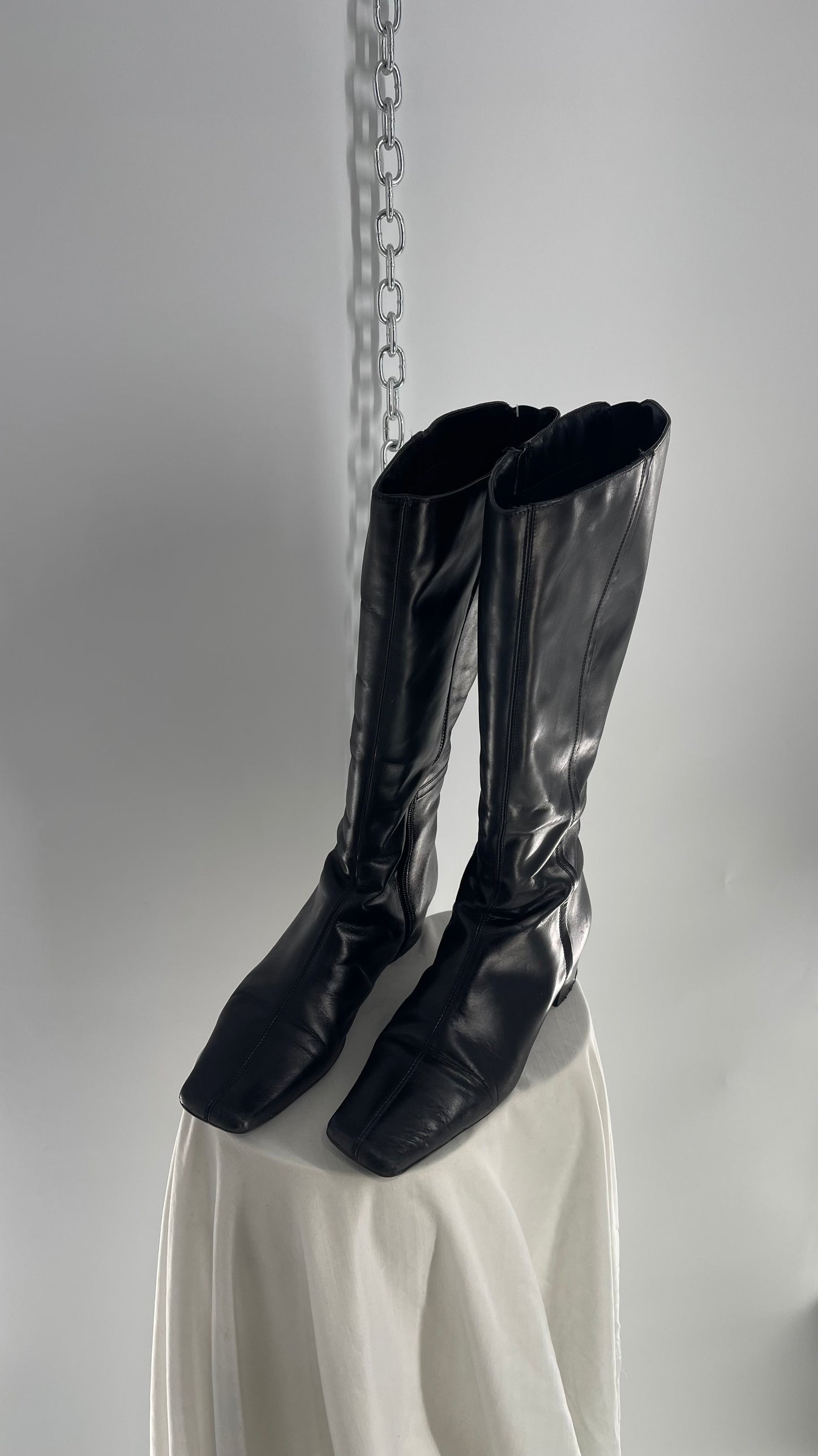 Vintage YKK Black Leather Square Toe Knee High Boot (40)