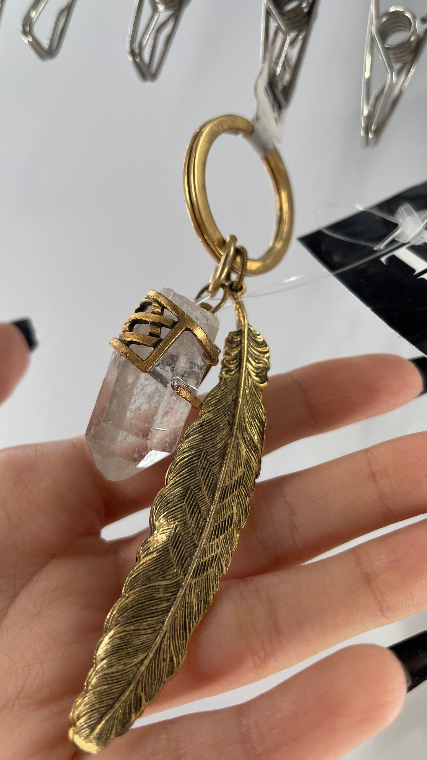 Free People Gold Metal Crystal Keychain with Feather