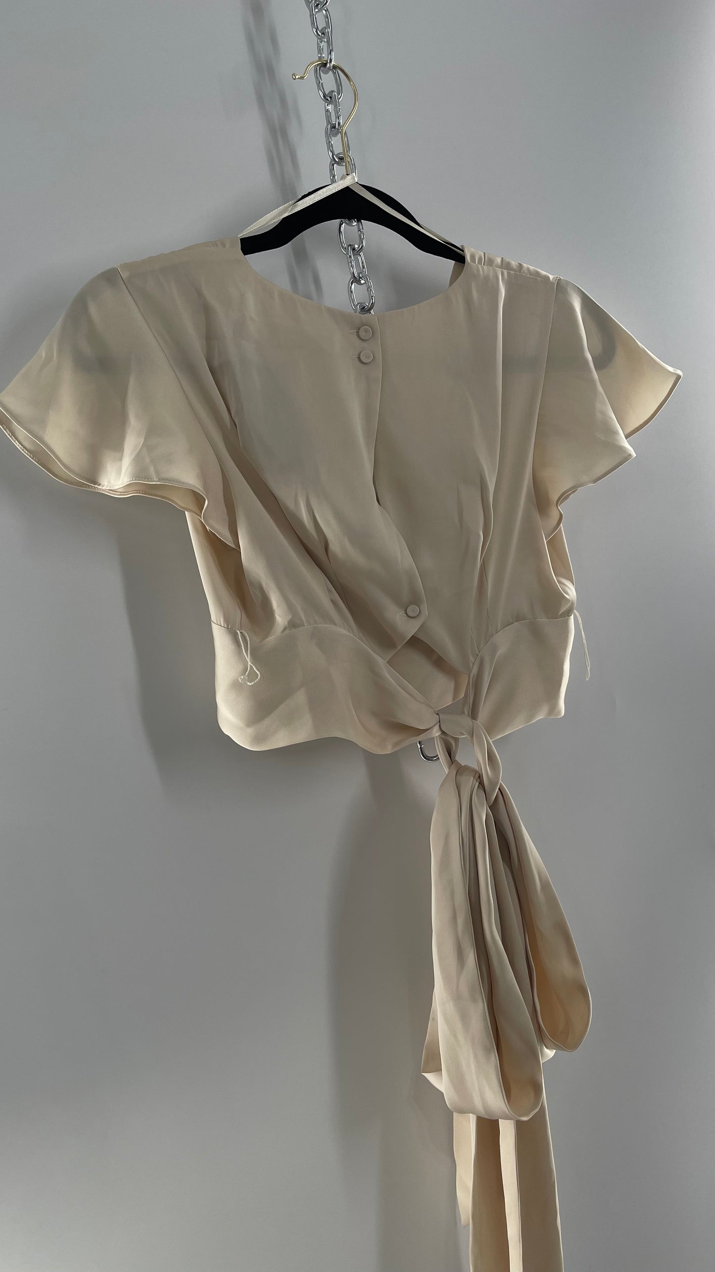 BCBGMAXAZRIA Off White Ivory Satin Tie Around Waist Cropped Blouse with Button Back and Tags Attached (XXS)