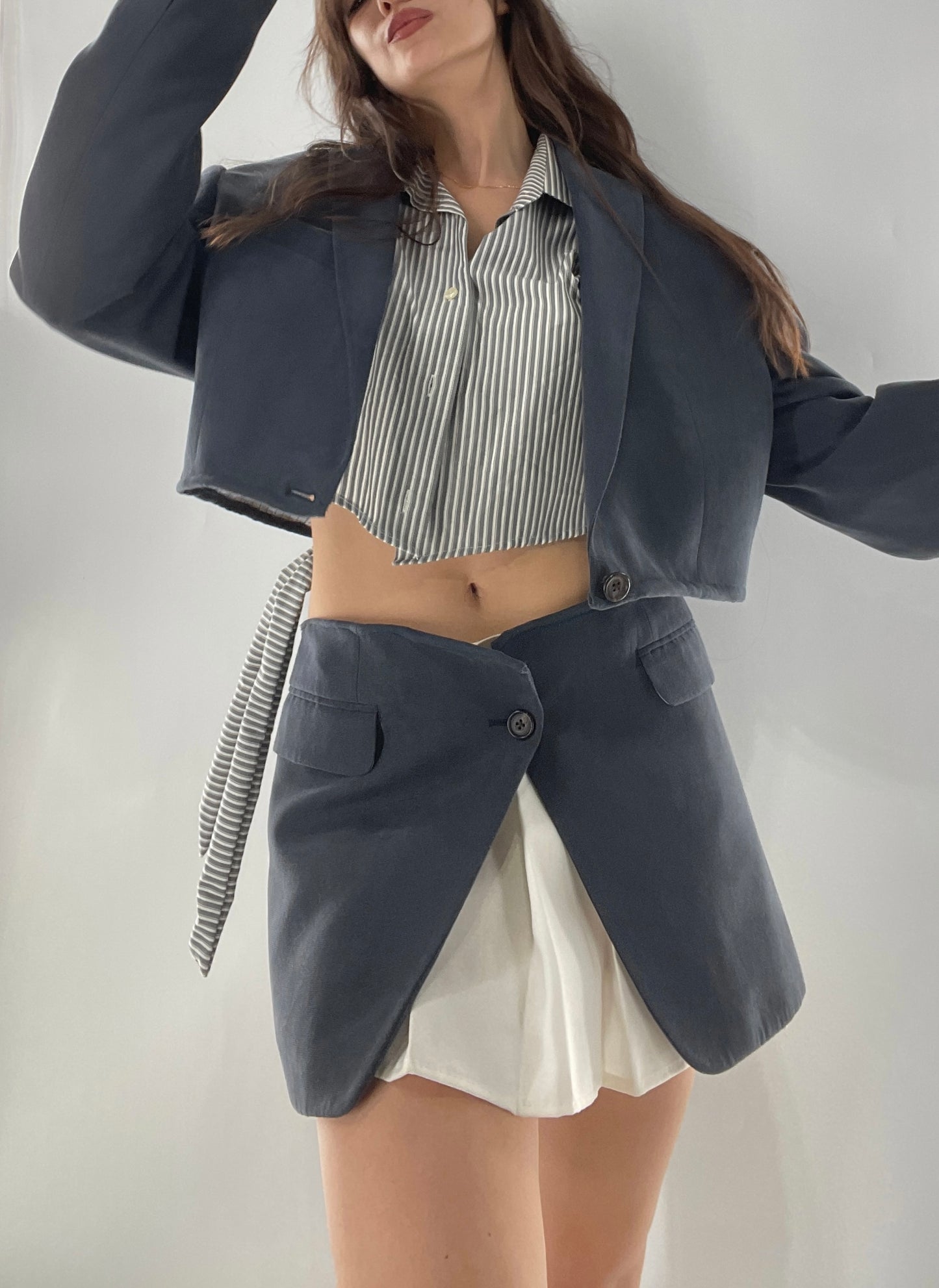 CUSTOM Handmade 2pc Suit Set Gray/Blue with Open Corset Back Skirt and Cropped Jacket (One Size)