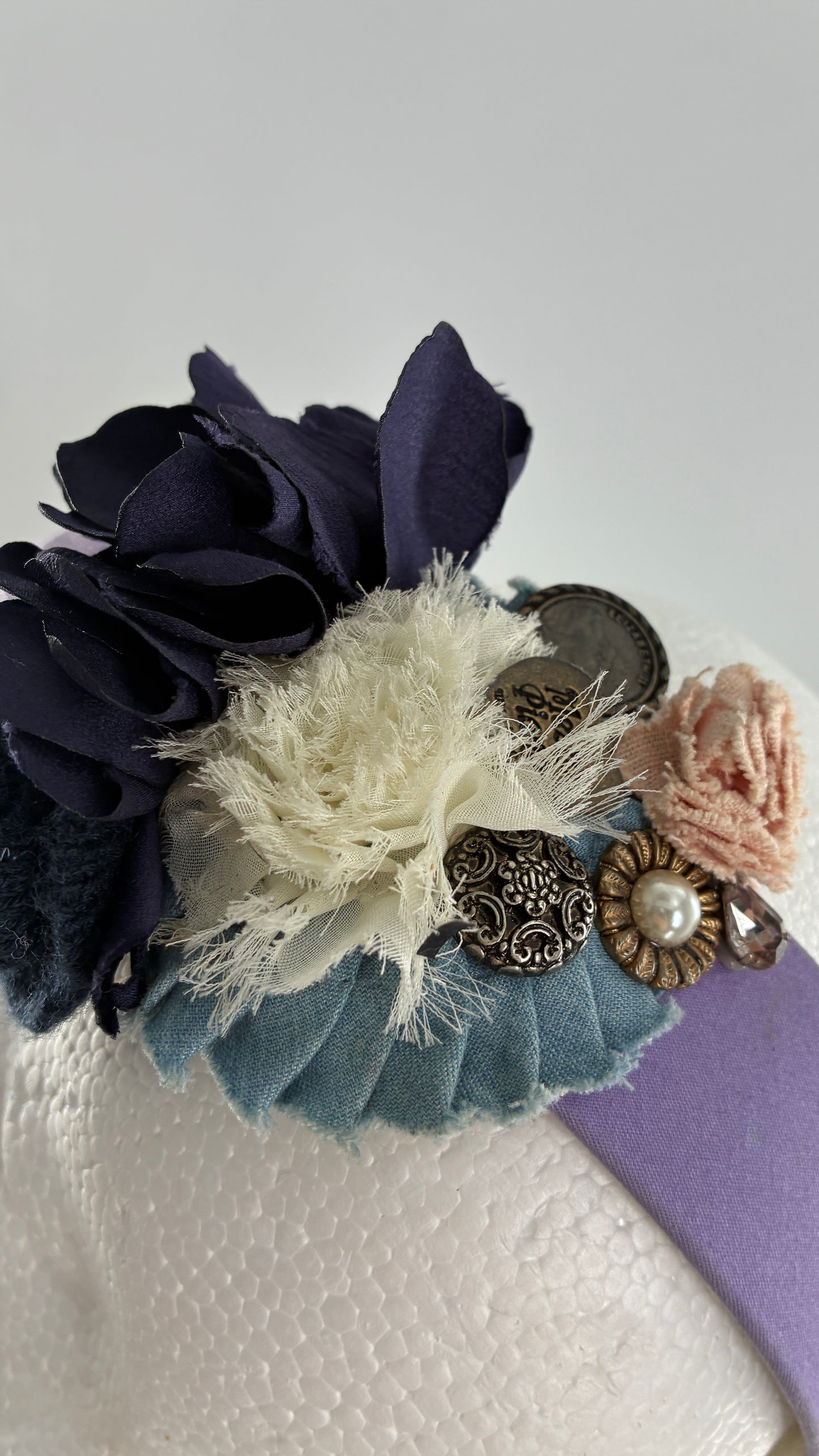 Vintage FARMER Handmade Lilac Headband with Purple Ribbon,  Pleated, Floral, and Gemstone Appliqués