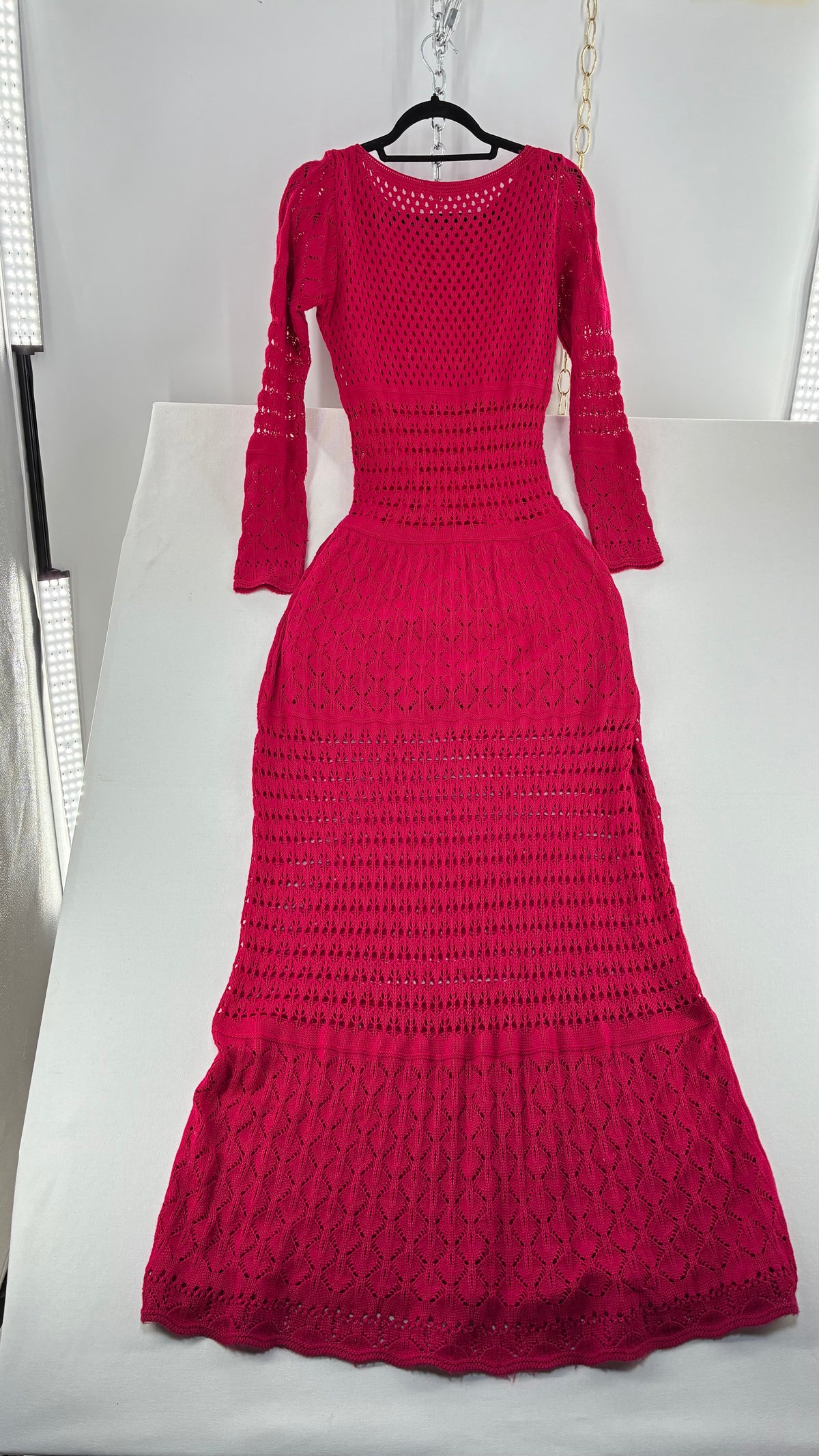 Imported Vintage AQUAMAR Hot Pink Crochet Full Length Dress with Waist Definition  (M)