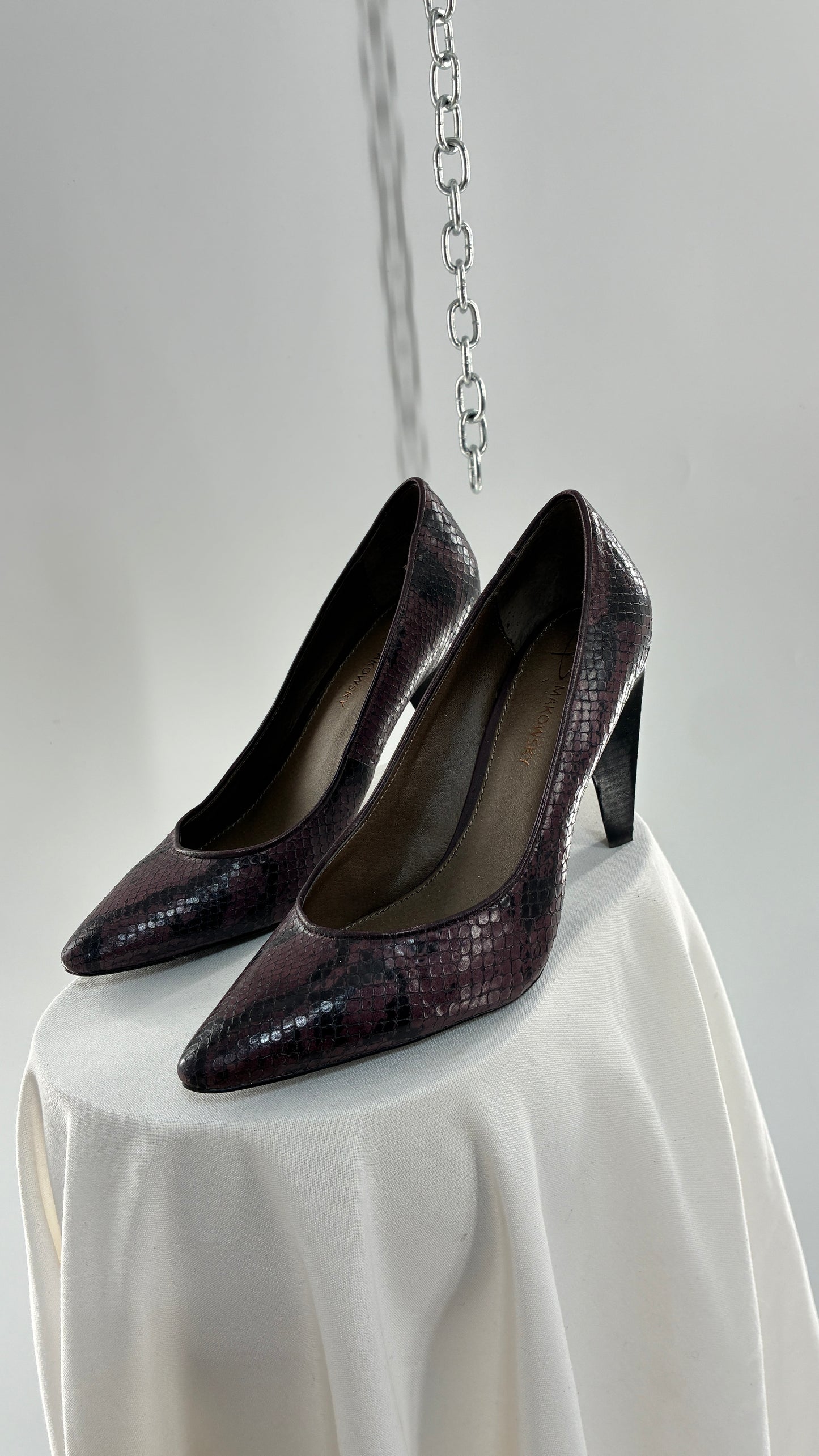 Vintage B MAKOWSKY Snake Embossed Pointed Toe Heel with Block Heel (9.5)