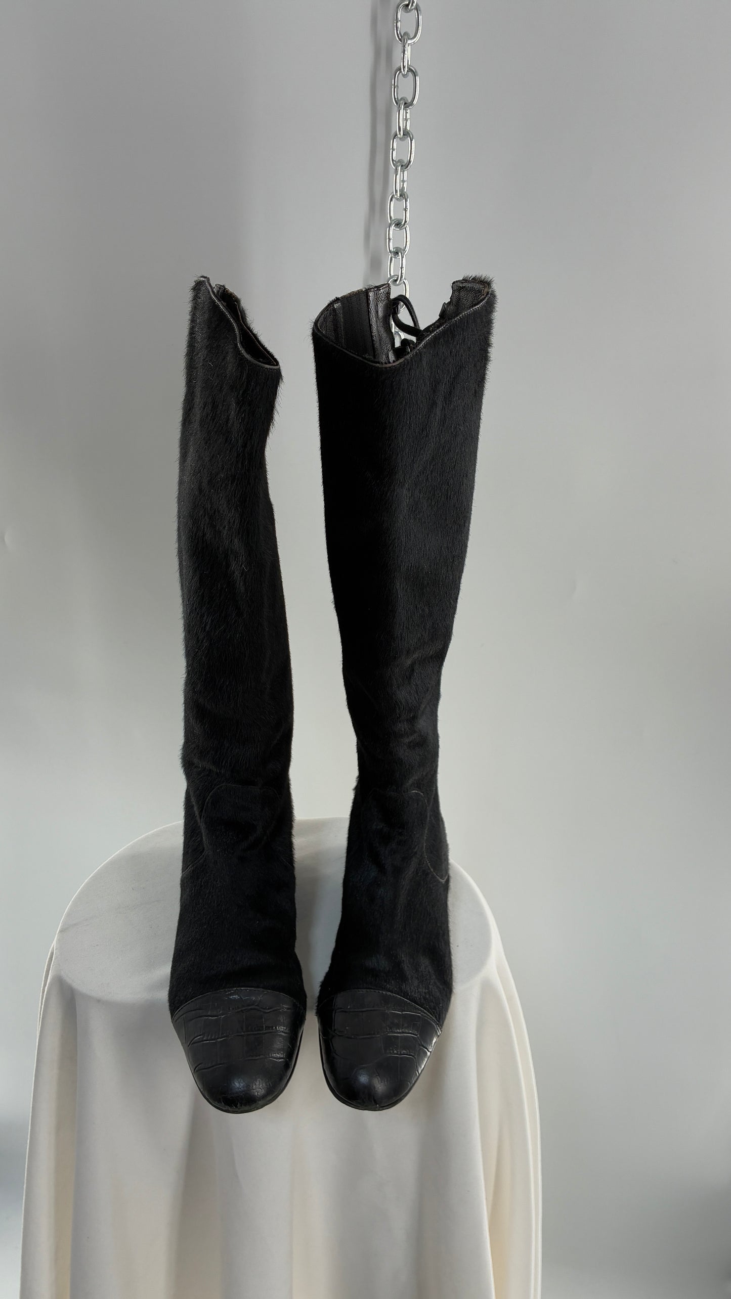 Vintage MIGLIORINI Black Genuine Calf Hair/Fur Boots with Heel, Made in Italy (7.5)