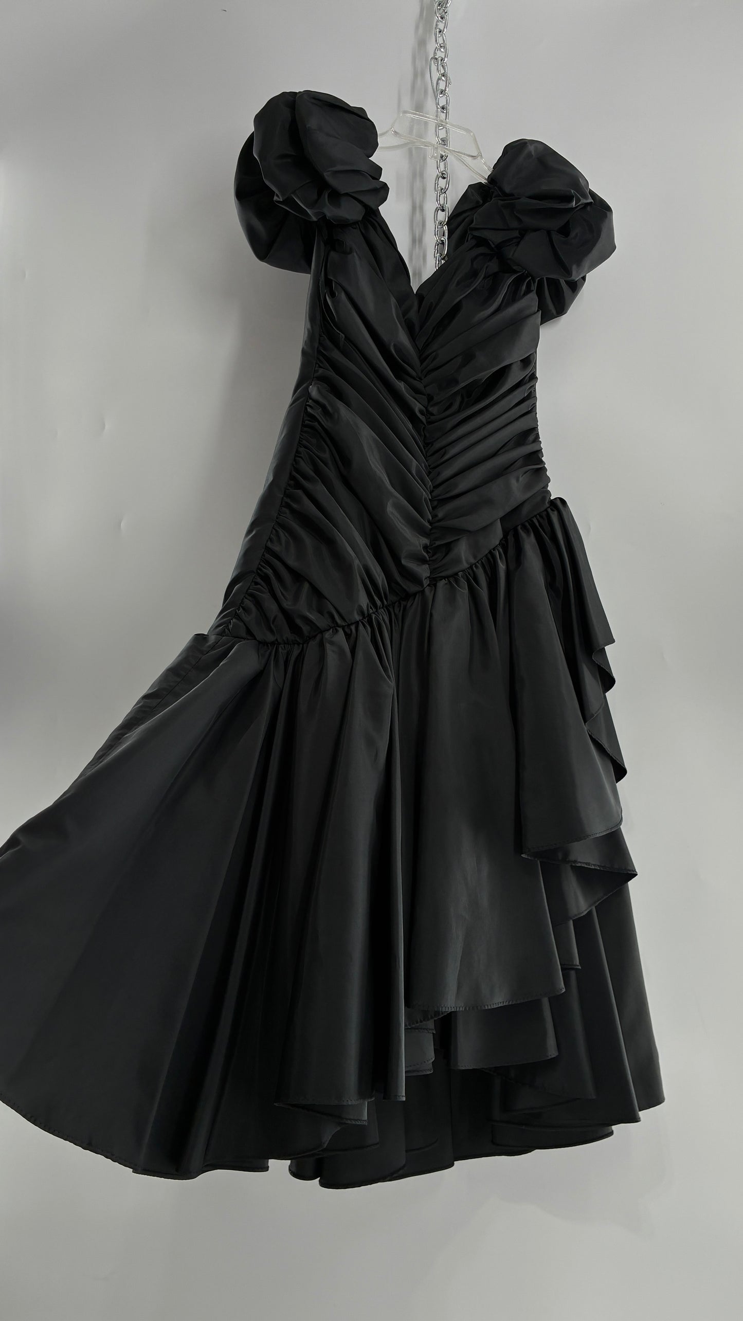 Vintage 1980s Black Gown with Ruched Bodice, Exaggerated Puff Sleeves, and Tiered Skirt (Measured)