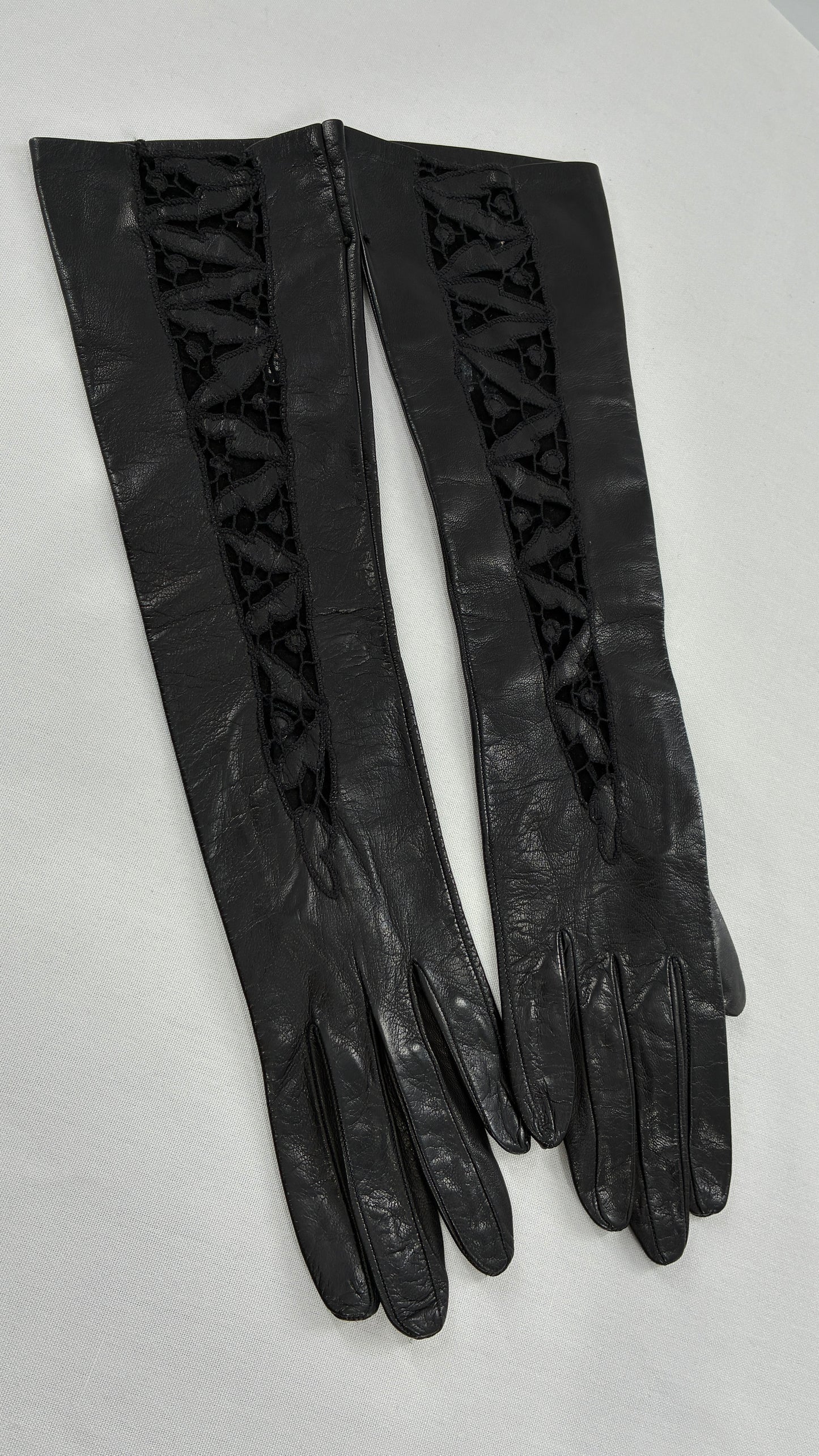 Deadstock Vintage Black Soft Leather Gloves with Lace Detail