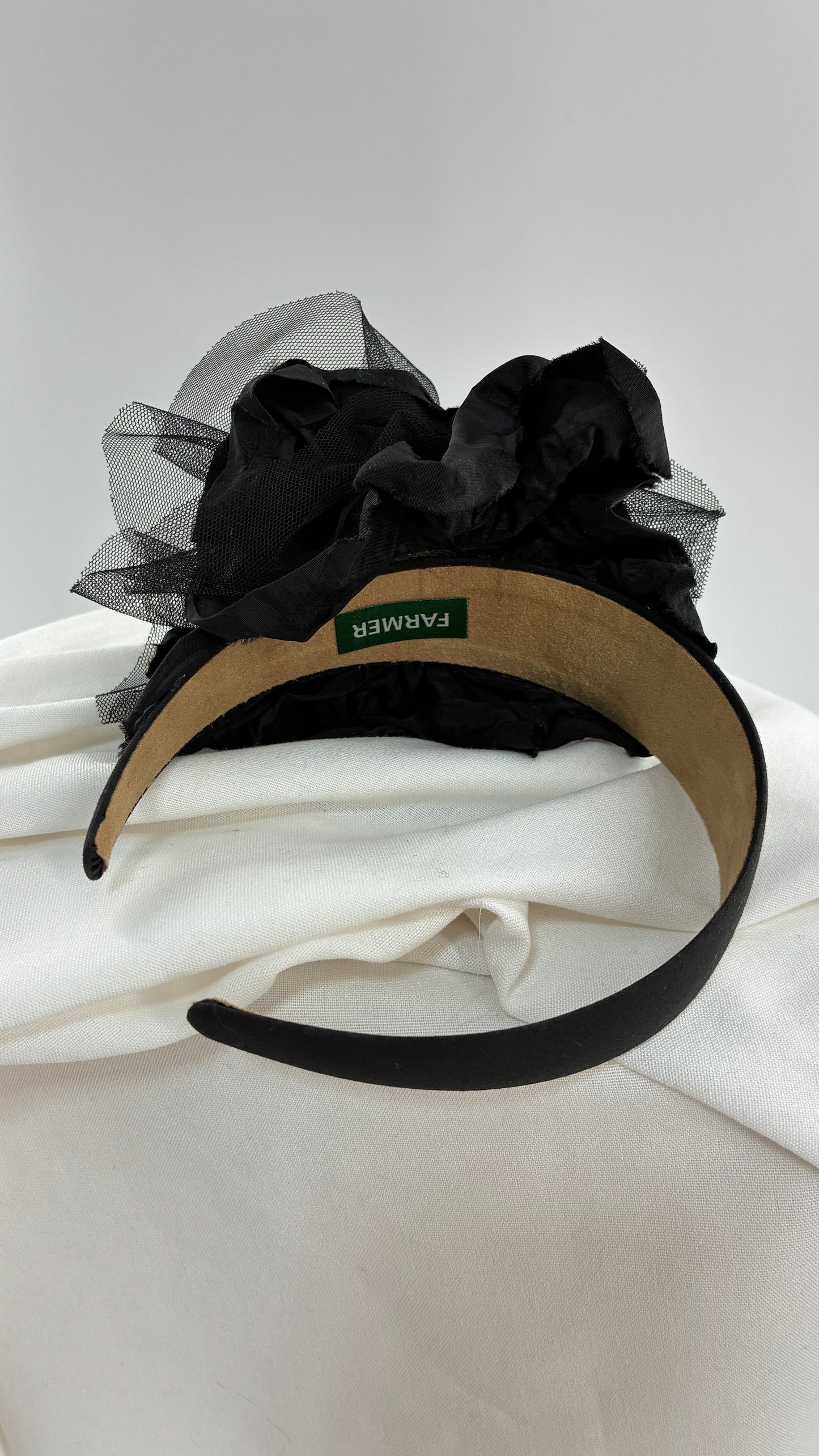 Vintage FARMER Handmade Black Thick Headband with Tulle Appliqué
