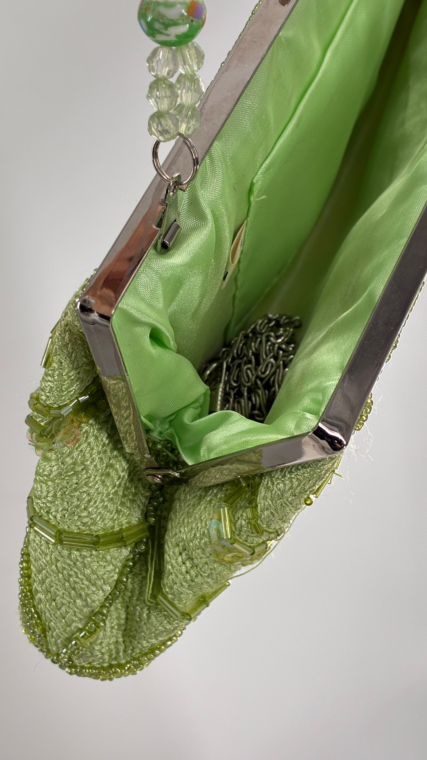Vintage 1990s Light Green Knit Shoulder Purse with Sequins and Beaded Details