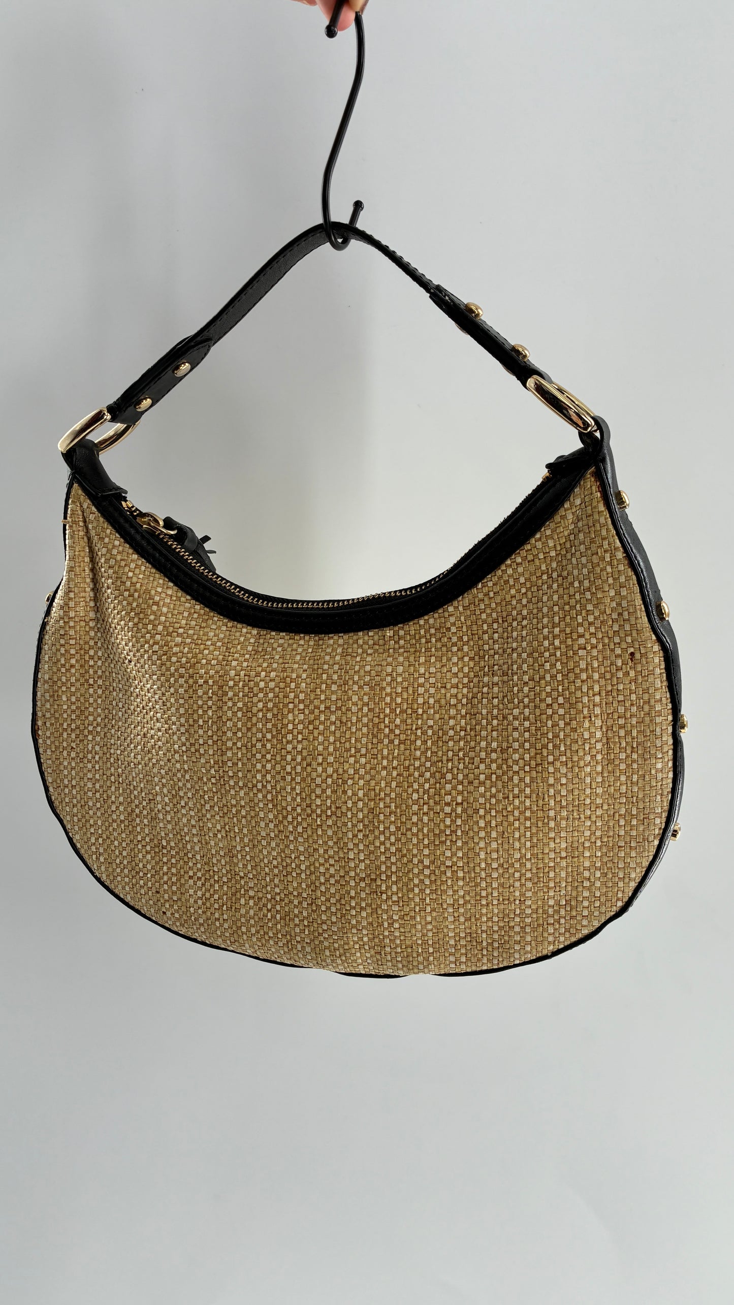 Vintage COLE HAAN Straw Shoulder Purse with Black Leather, Gold Studded Trim