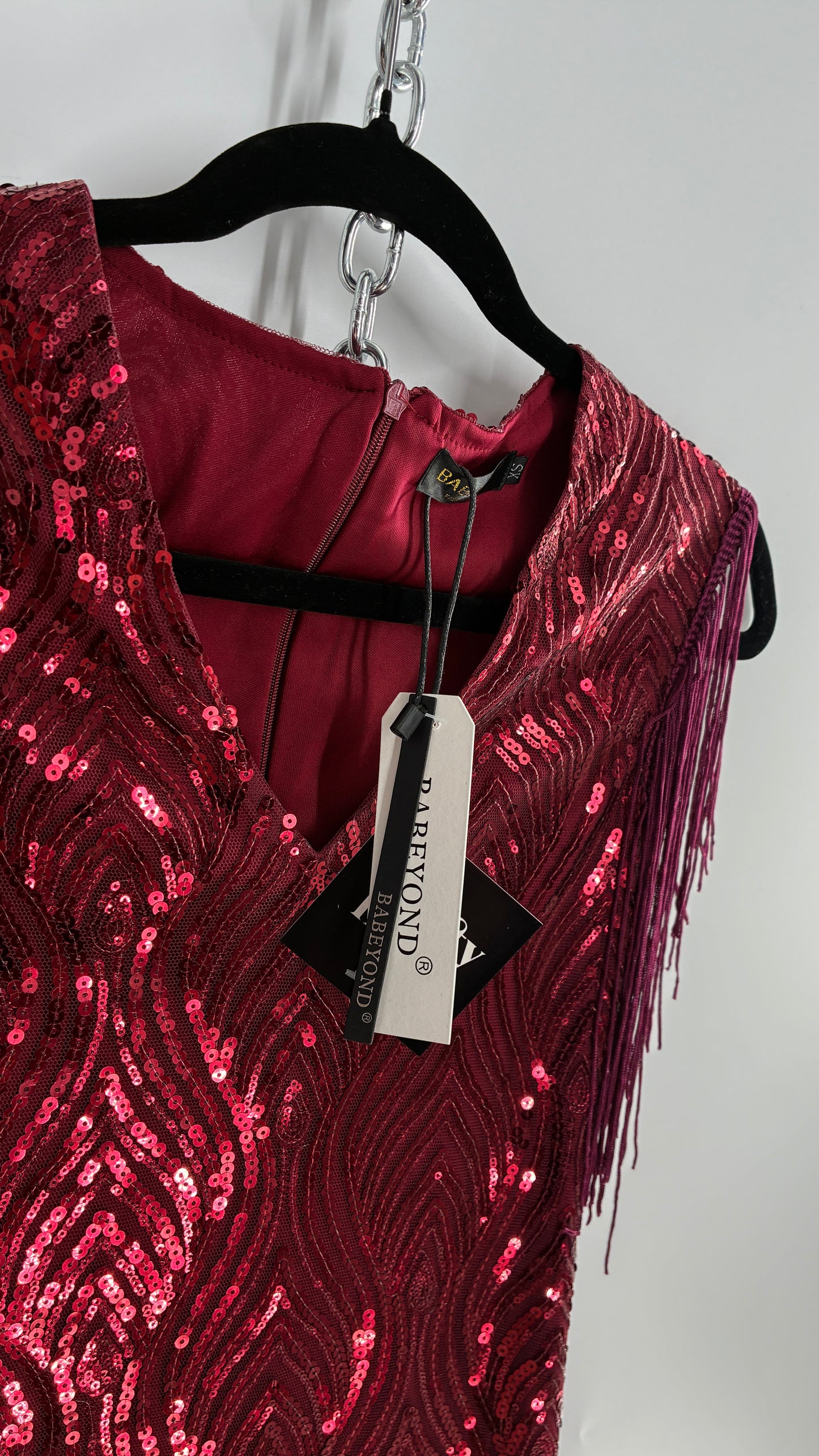 BABEYONO Maroon Sequin Fringe Bodycon Mini Dress (XS)