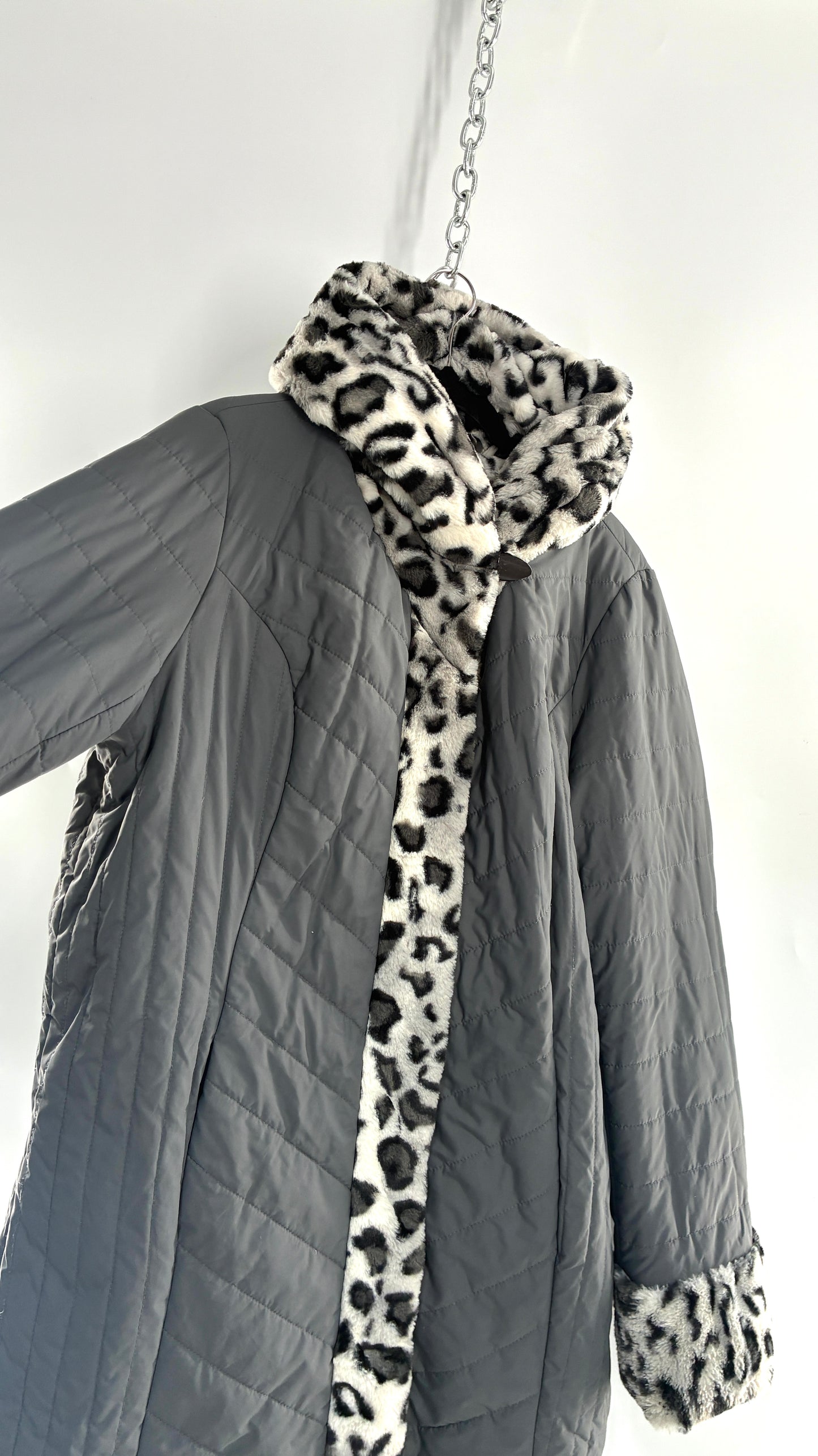 Vintage DENNIS BASSO Reversible Leopard Fur and Quilted, Hooded Coat (Large)