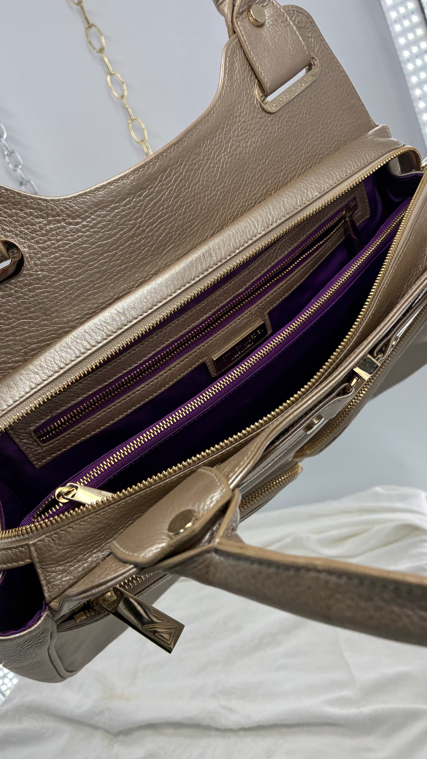 Vintage NOTTINGHILL DESIGNS Westbourne Metallic Champagne Genuine Leather Pocketed Bag with Exaggerated Hardware As Seen on Gossip Girl