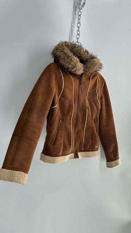Vintage LEI Vegan Suede Sherpa Jacket with Faux Fur Hood (Small)