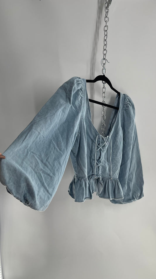 Love the Label Light Wash Denim Puff Sleeve, Ruffled Waist, Tie Bust Blouse (Large)