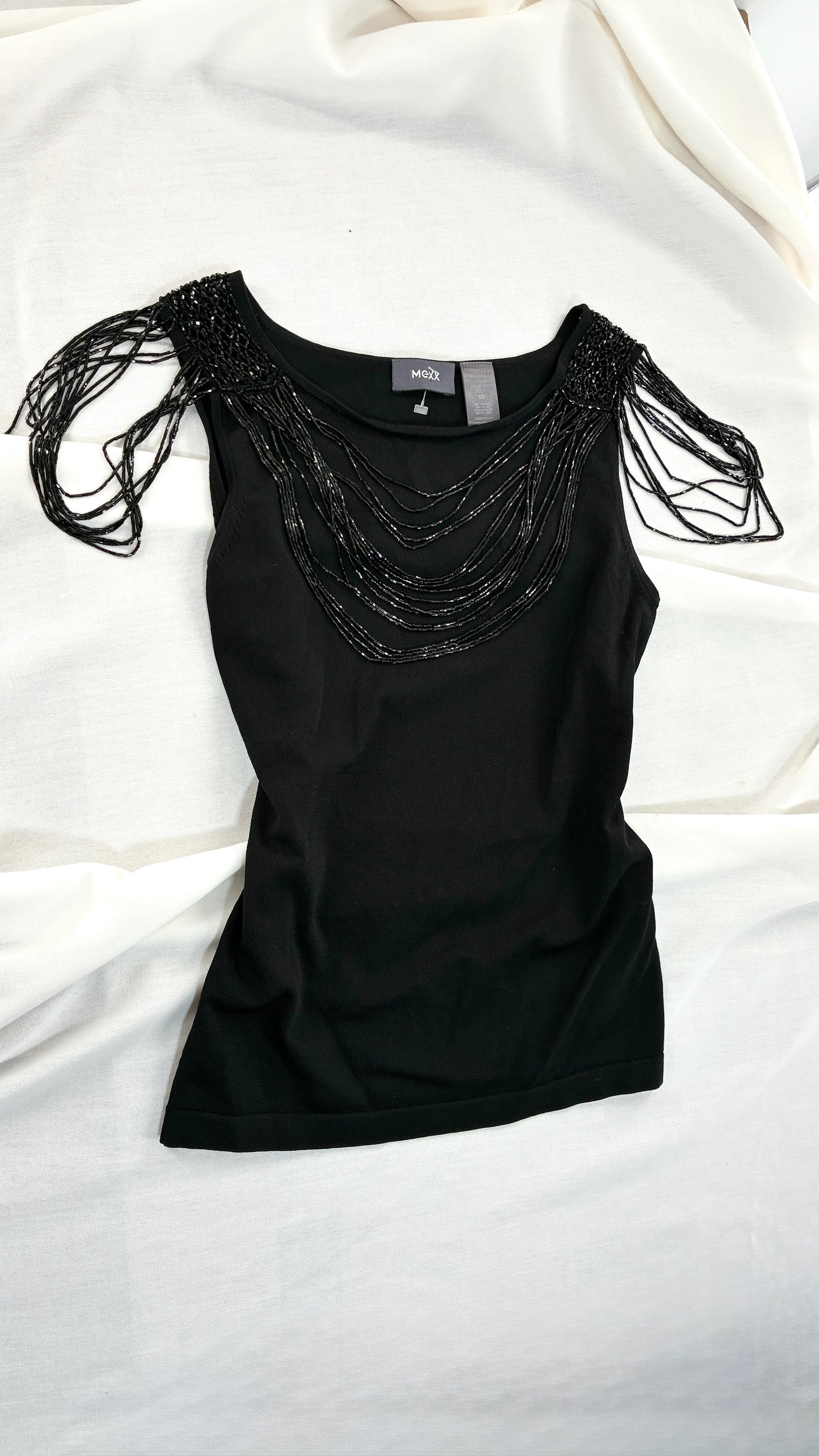 Vintage 1990s MEXX Black Thick Knit with Beaded Neck Detail and Draped Shoulders (XS)
