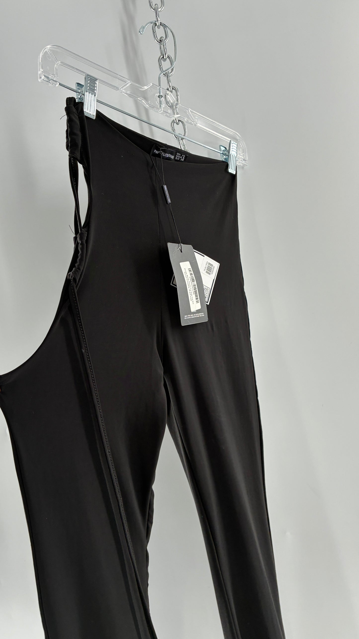 Pretty Little Thing Black Slinky Tie Side Cut Out Flared Double Lined Thick Trousers with Tags Attached (10)