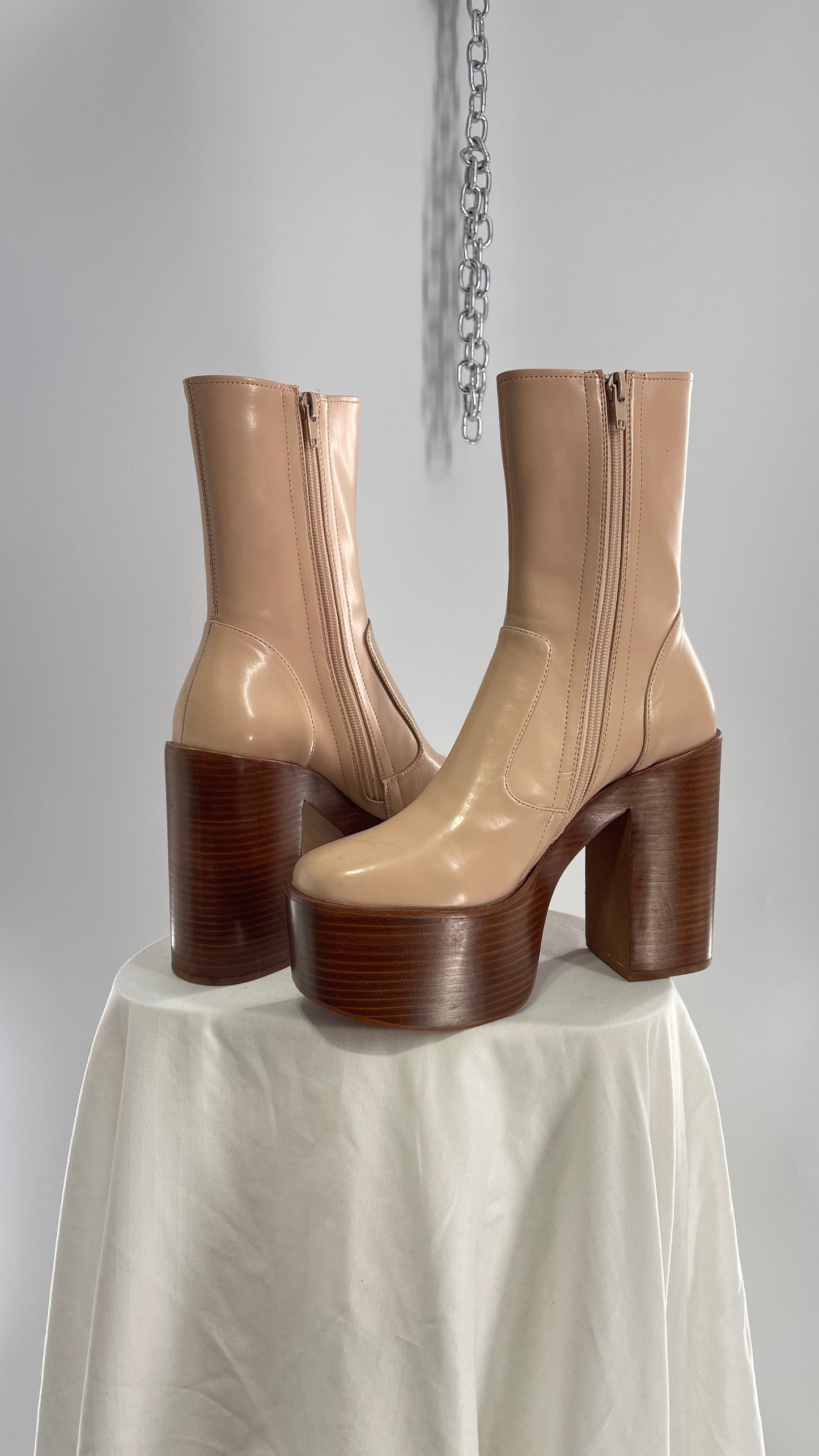 Free People X Jeffrey Campbell Mexique GoGo Boots • Beige Patent Boot with Wood Grain Chunky Block Heel and Platform  (8)