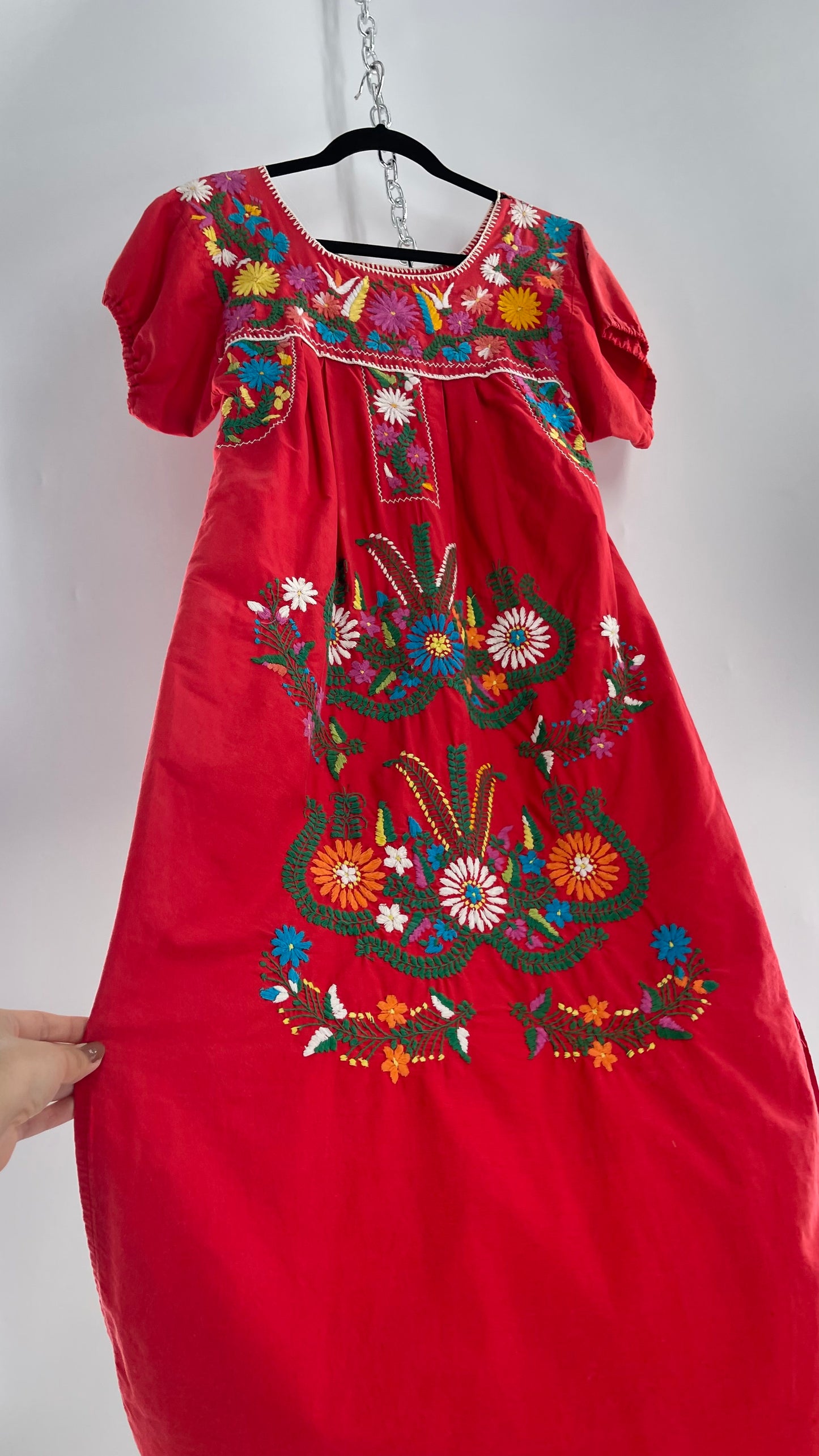 Vintage 1970s Red Cotton Dress with Hand Embroidered Florals Imported from Mexico (Small)