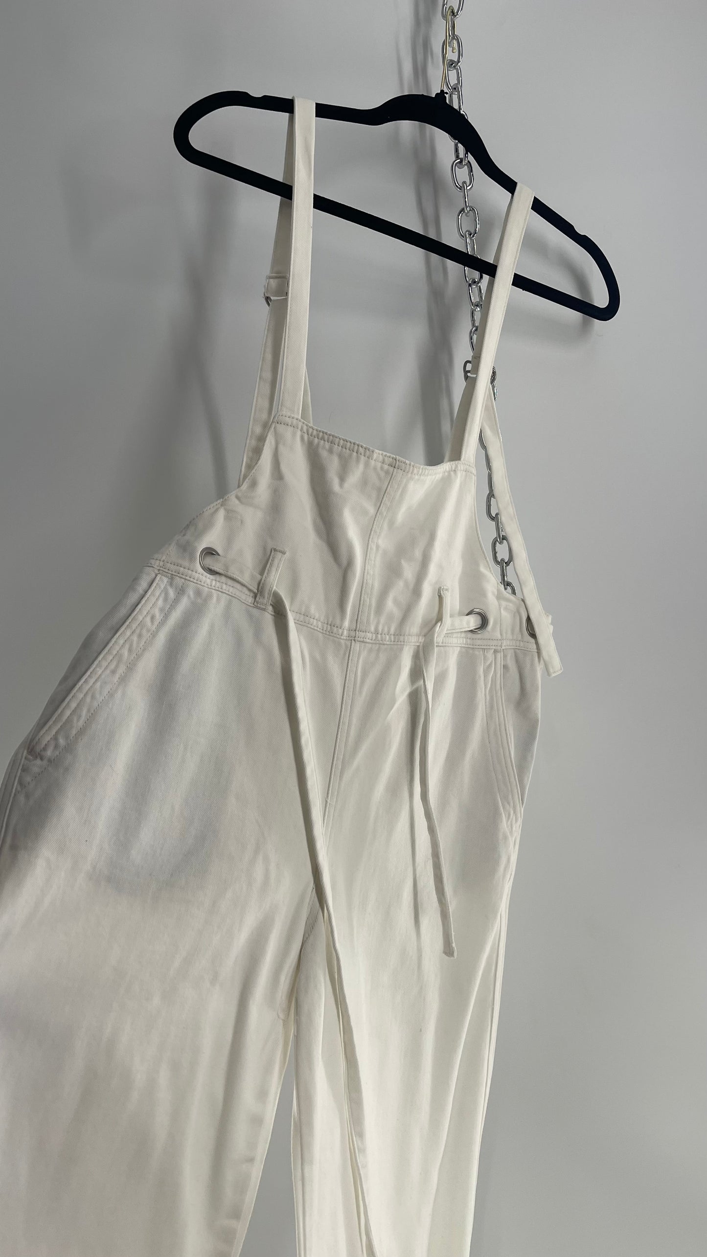 Free People White Denim Jumpsuit with Low Front and Open Back (Small)