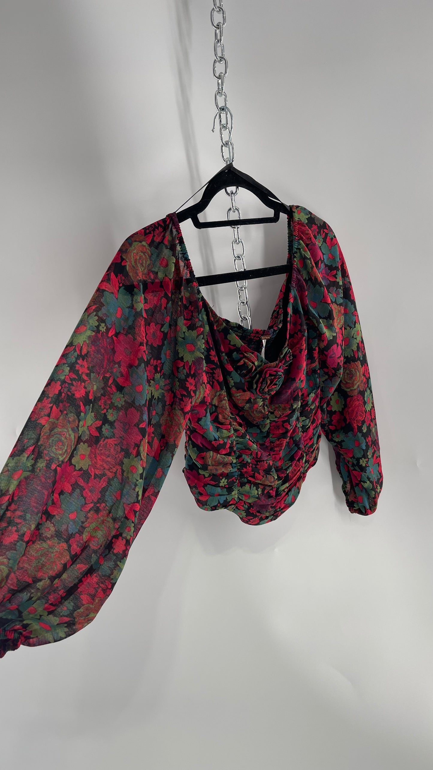 Free People Cropped Floral Blouse with Ruched Body, Balloon Sleeves and Appliqué Rosette Bustline with Tags Attached (Small)