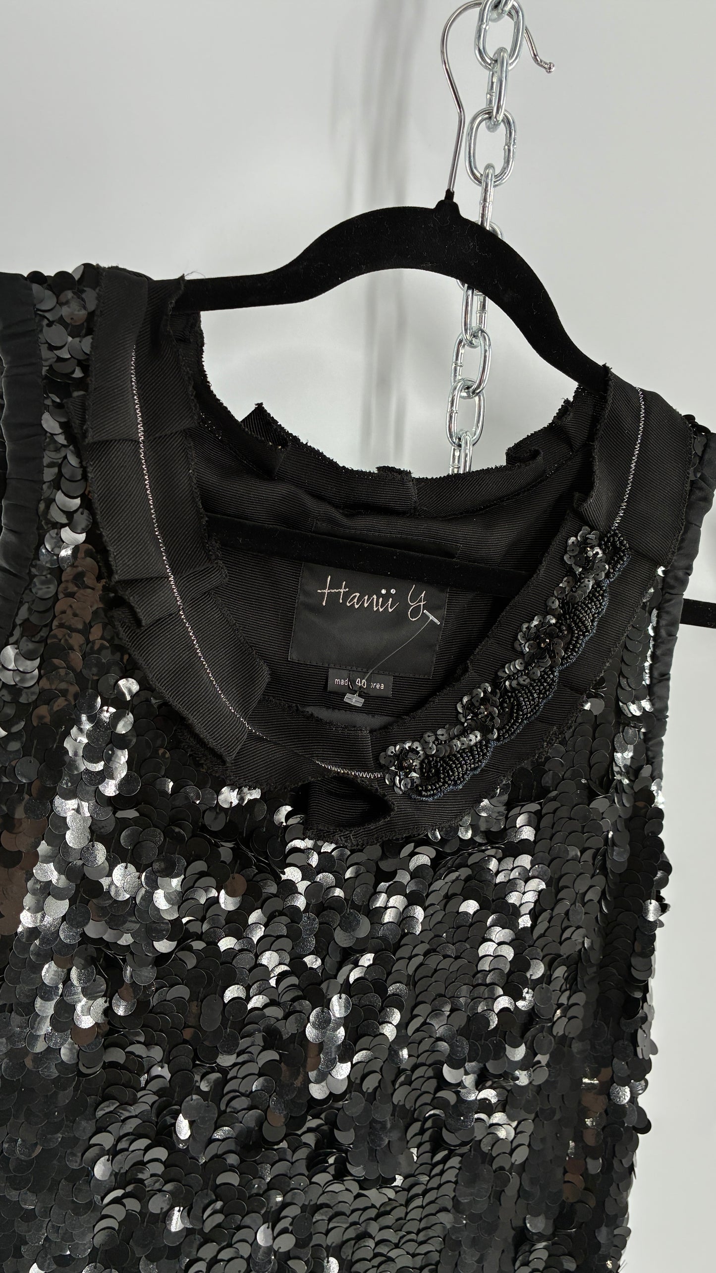 HANII Y. Black Sequin Mini Dress with Beaded, Pleated Ribbon Neckline and Bubble Hem (40)