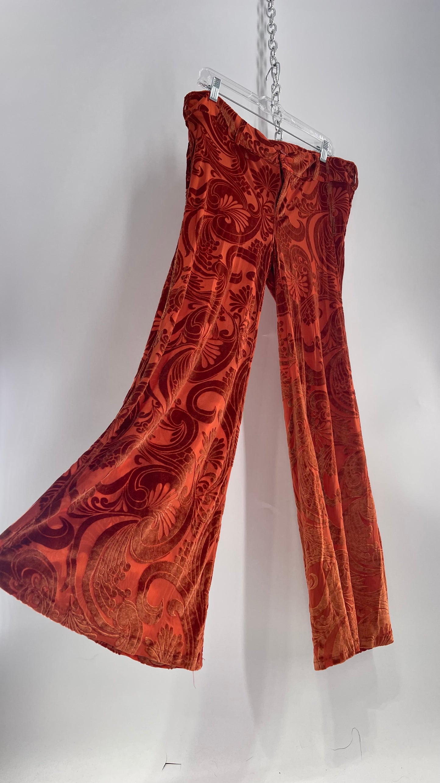 Urban Outfitters Burnt Orange Flares with Velvet Paisley Pattern (12)