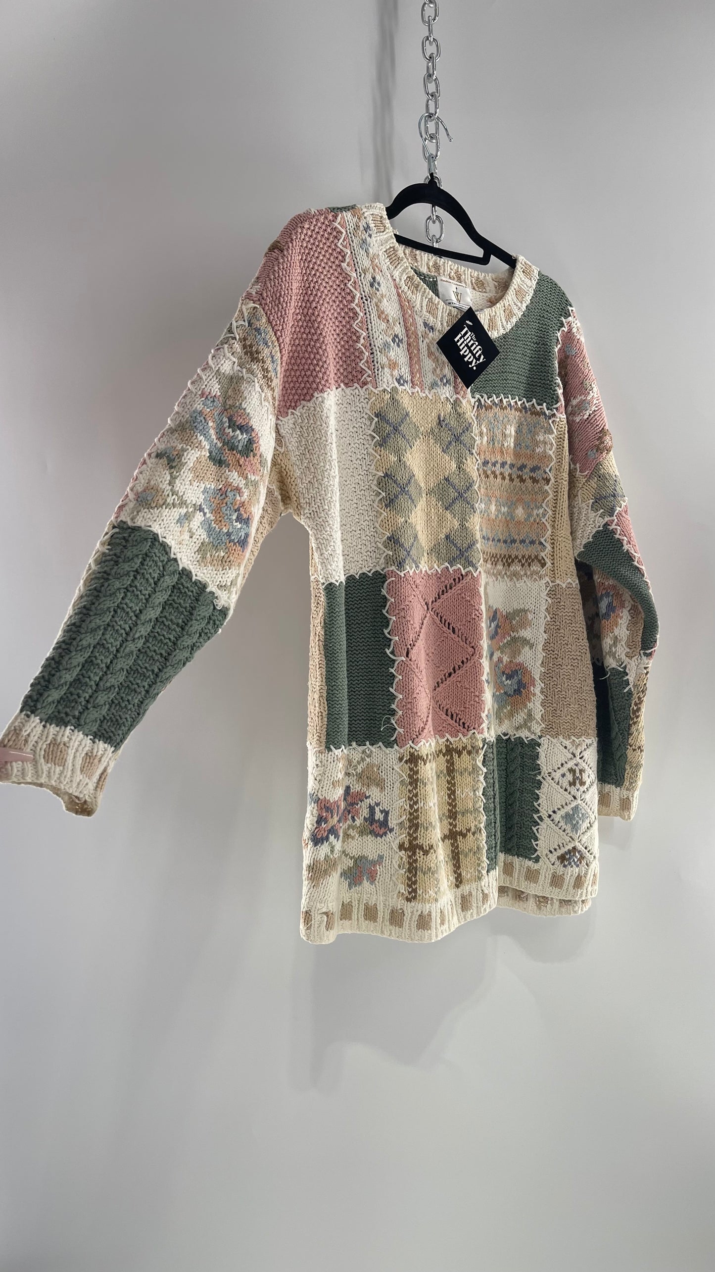 Vintage WEATHERVANE Rare Heavy Hand Knit Patchwork Sweater (Large) (55% Ramie 45% Cotton)