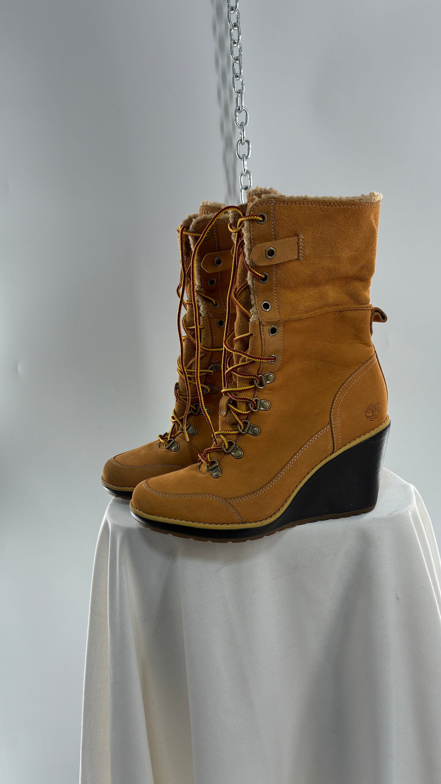 Vintage TIMBERLAND Wedge Boots Suede Leather Tie Up Heels (7.5)