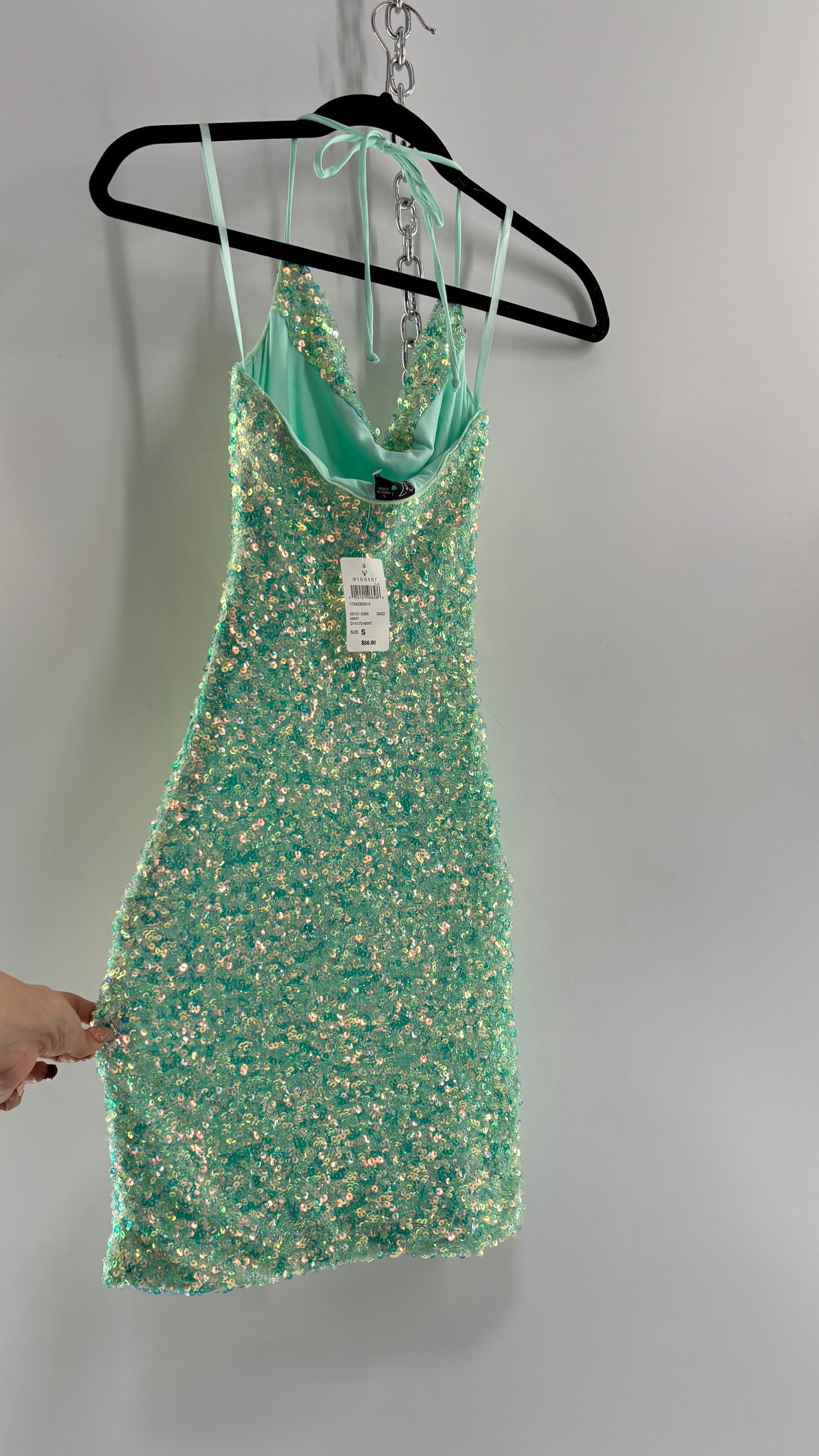 WINDSOR Aqua Blue Sequin Mini Dress with Draping Bustline and Tags (Small)